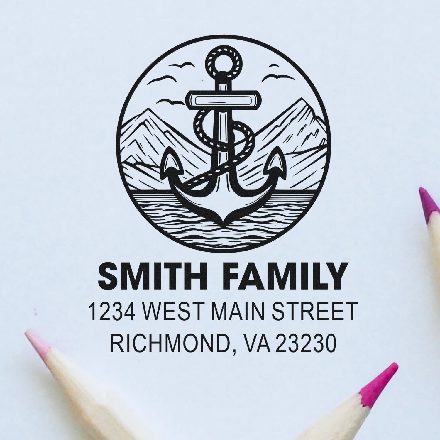 Custom rubber stamp design with anchor and mountains, featuring Smith Family address for personalized return addressing.