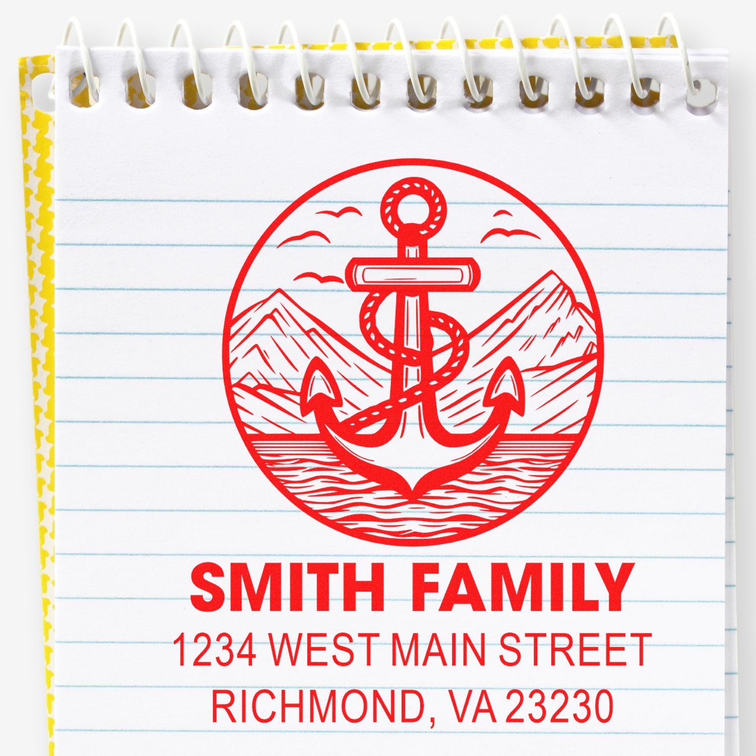 Custom nautical return address rubber stamp with anchor design, personalized for Smith Family, Richmond, VA 23230.