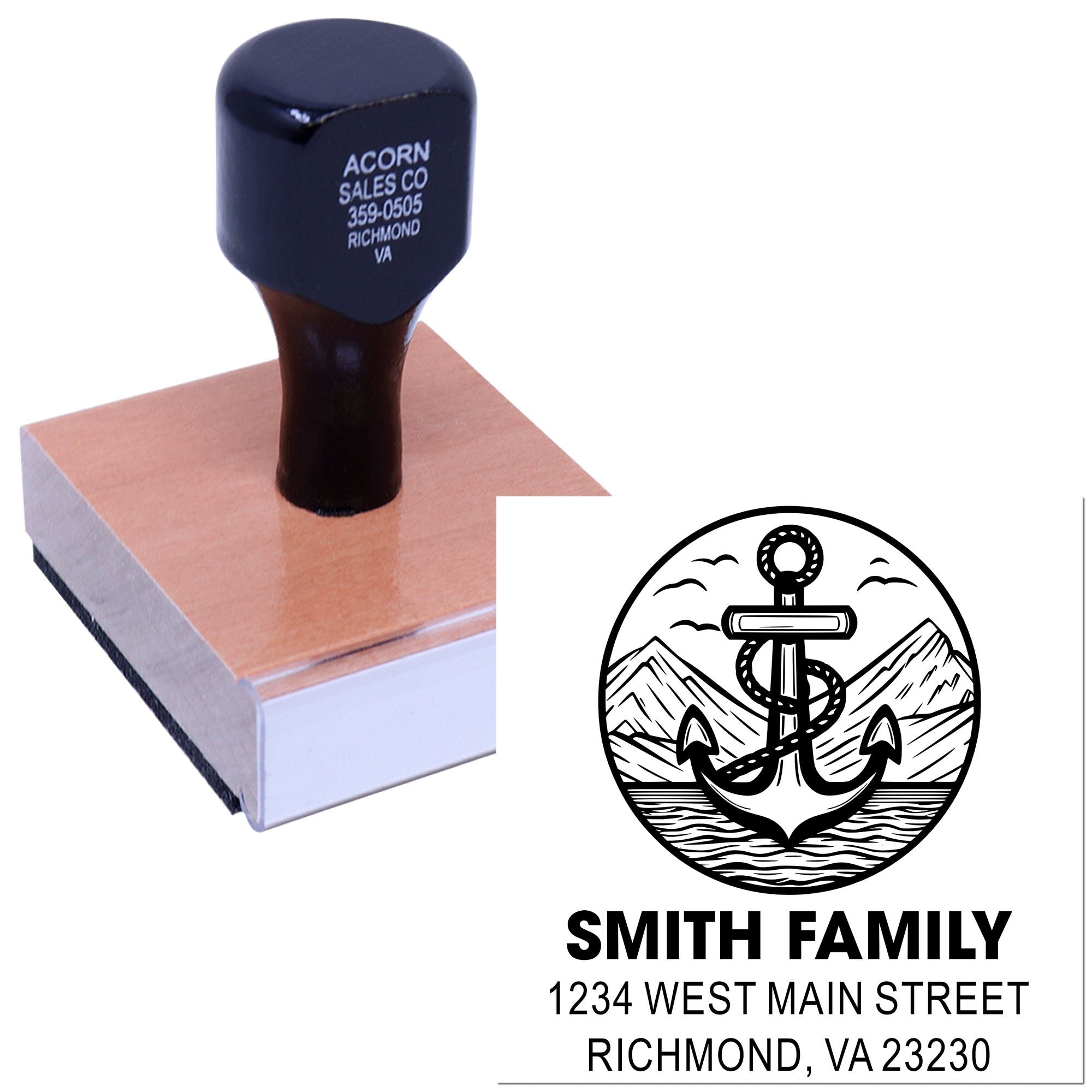 Custom rubber stamp showing a personalized nautical anchor return address stamp for family mail and stationery.