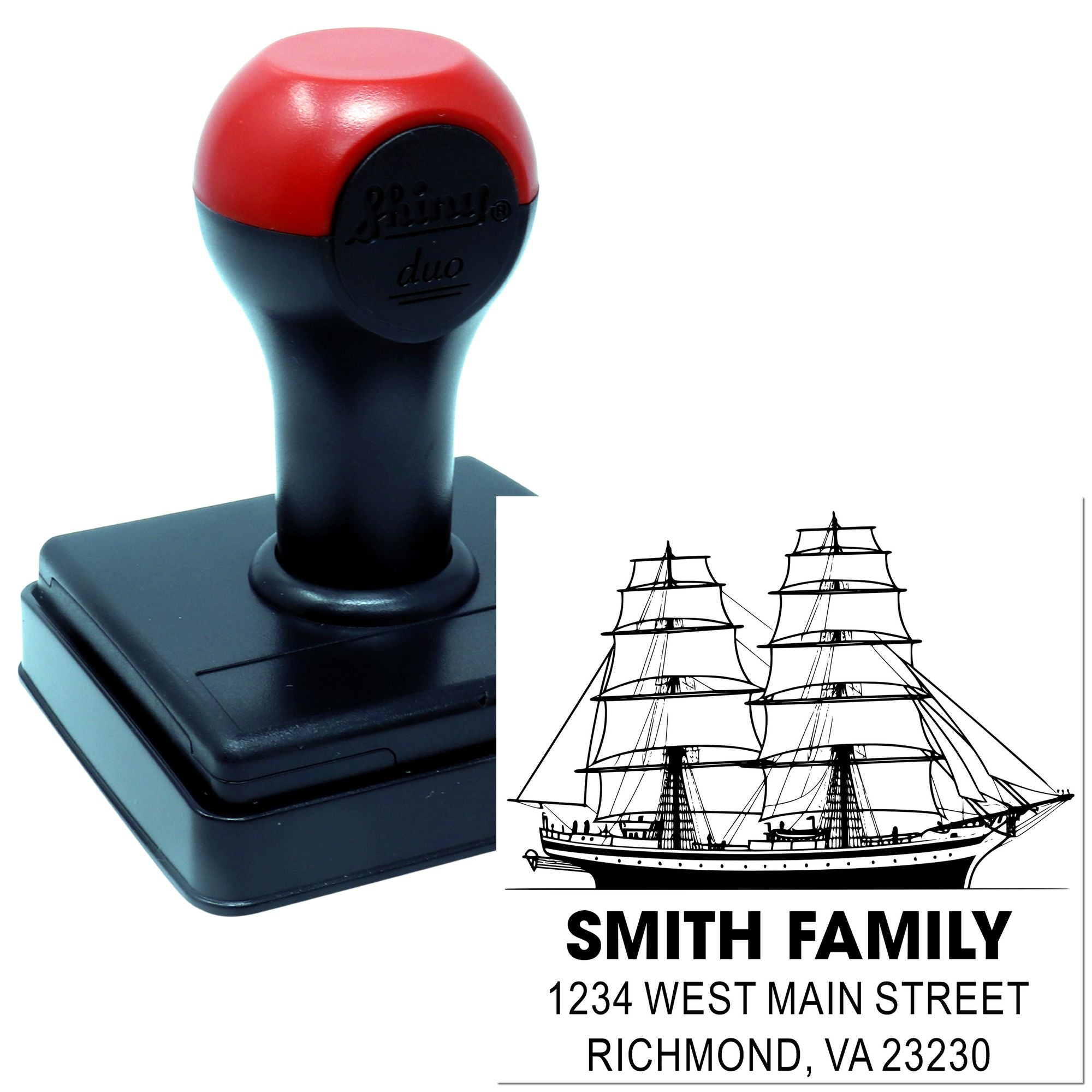 Custom self-inking rubber stamp with sailboat family address design, showing imprint for Smith Family, West Main Street, Richmond VA