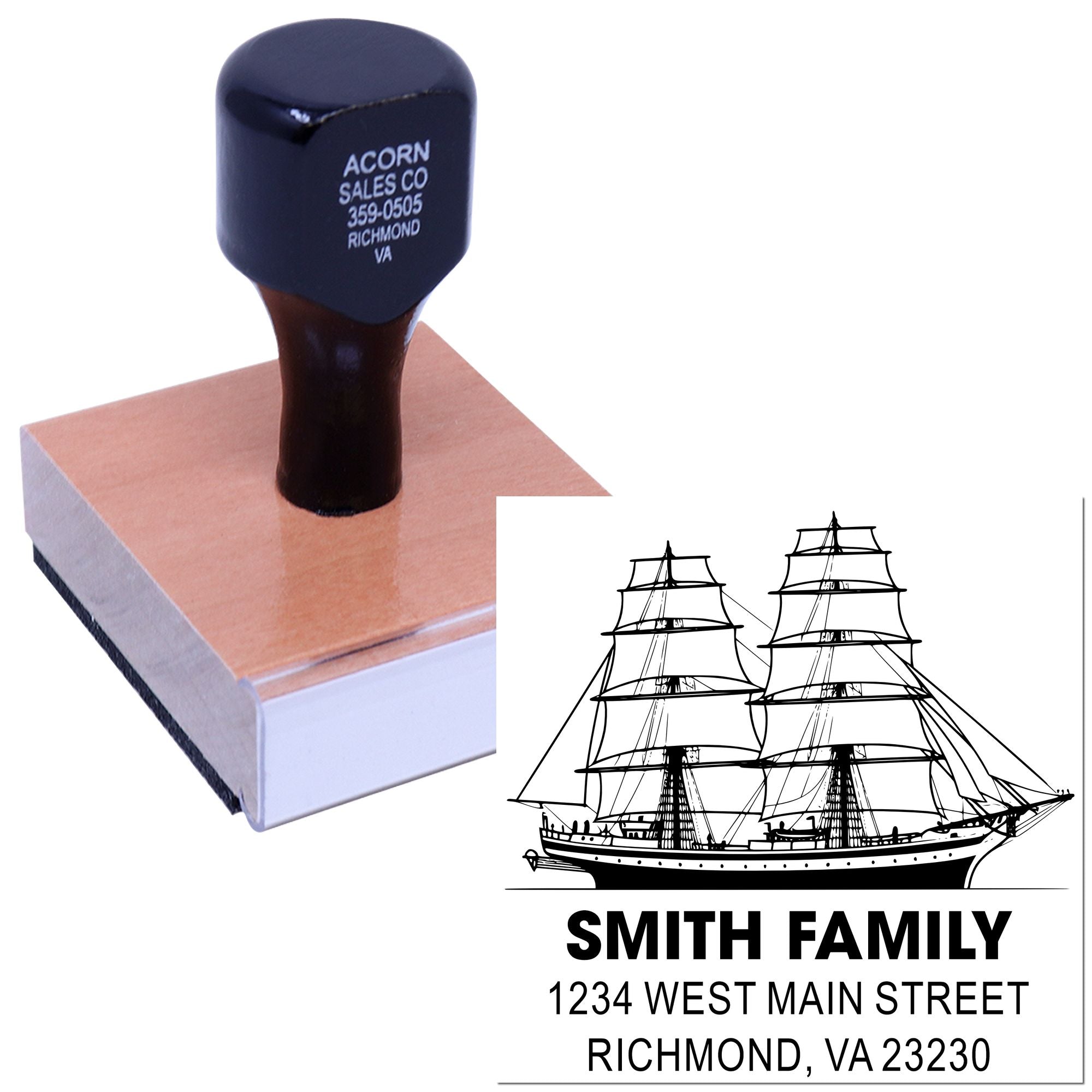 Custom rubber stamp with ship logo and Smith Family return address for mailing envelopes.