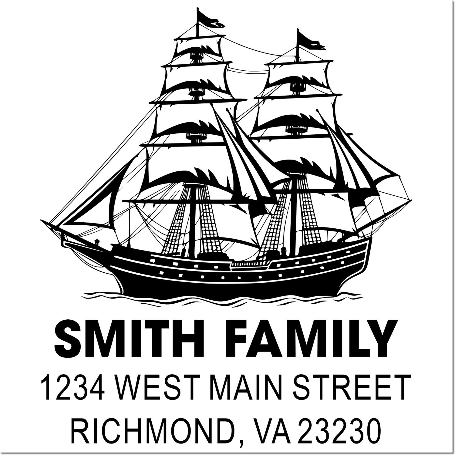 Custom family address rubber stamp with tall ship design, Smith Family, 1234 West Main Street, Richmond, VA 23230.