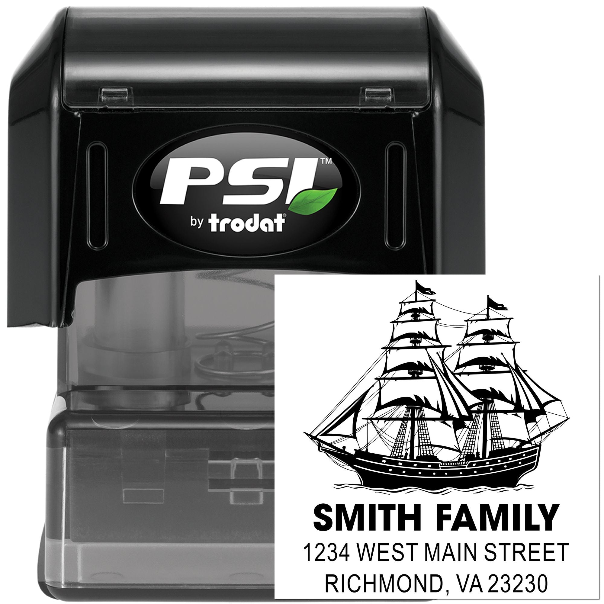 Personalized self-inking rubber address stamp with ship design and return address for Smith Family, Richmond, VA 23230