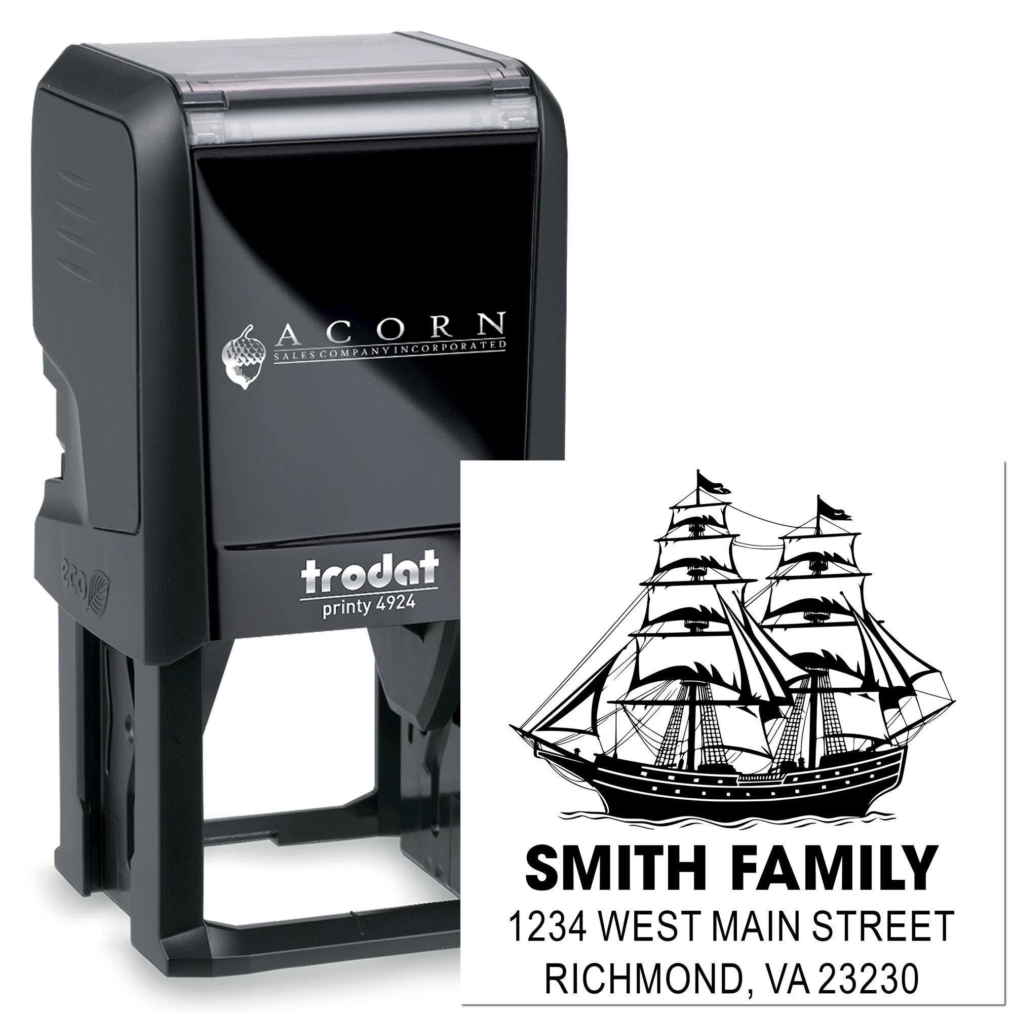 Custom self-inking rubber return address stamp with ship design, Smith Family name, and Richmond, VA address.