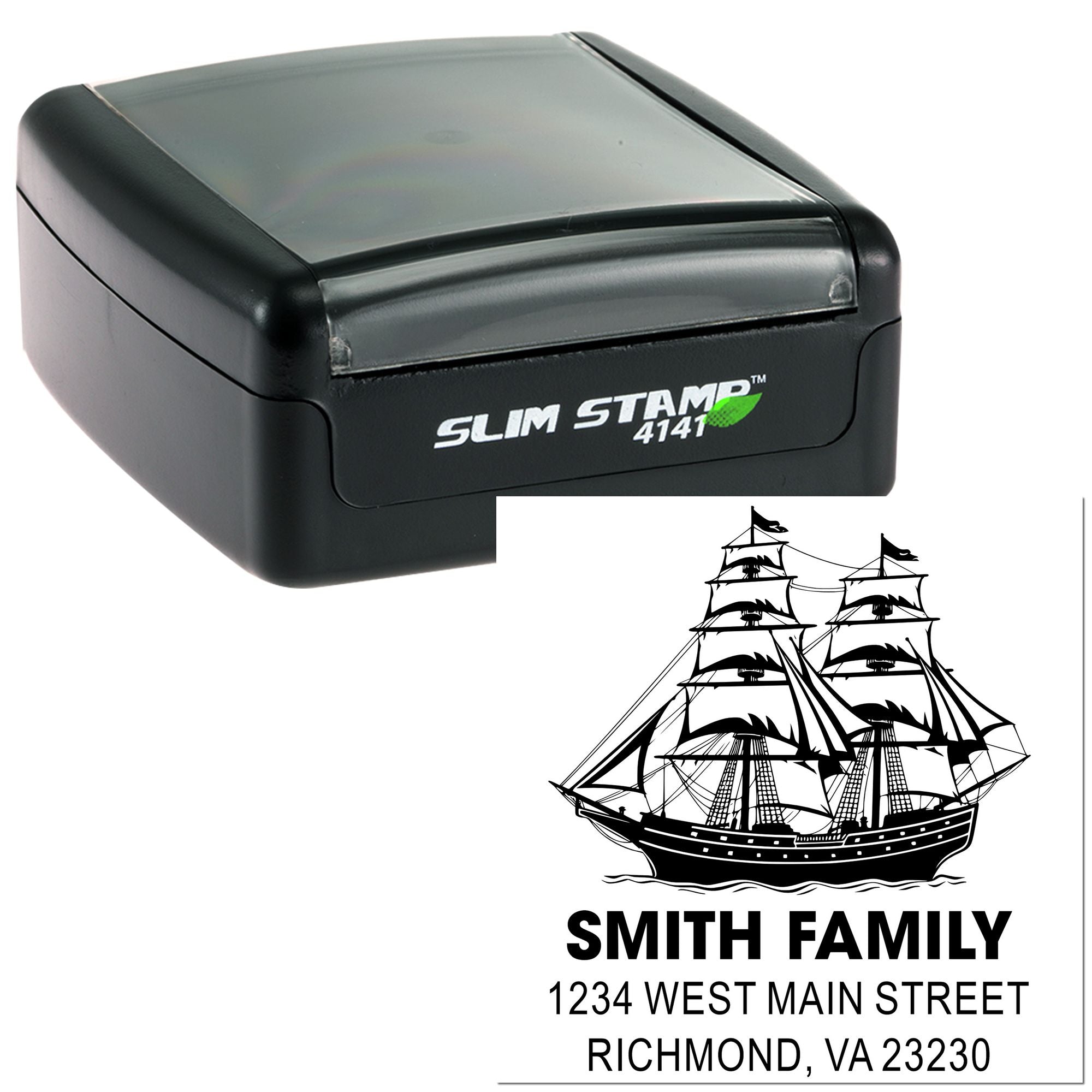 Custom self-inking return address rubber stamp with sailing ship design for Smith Family mailings