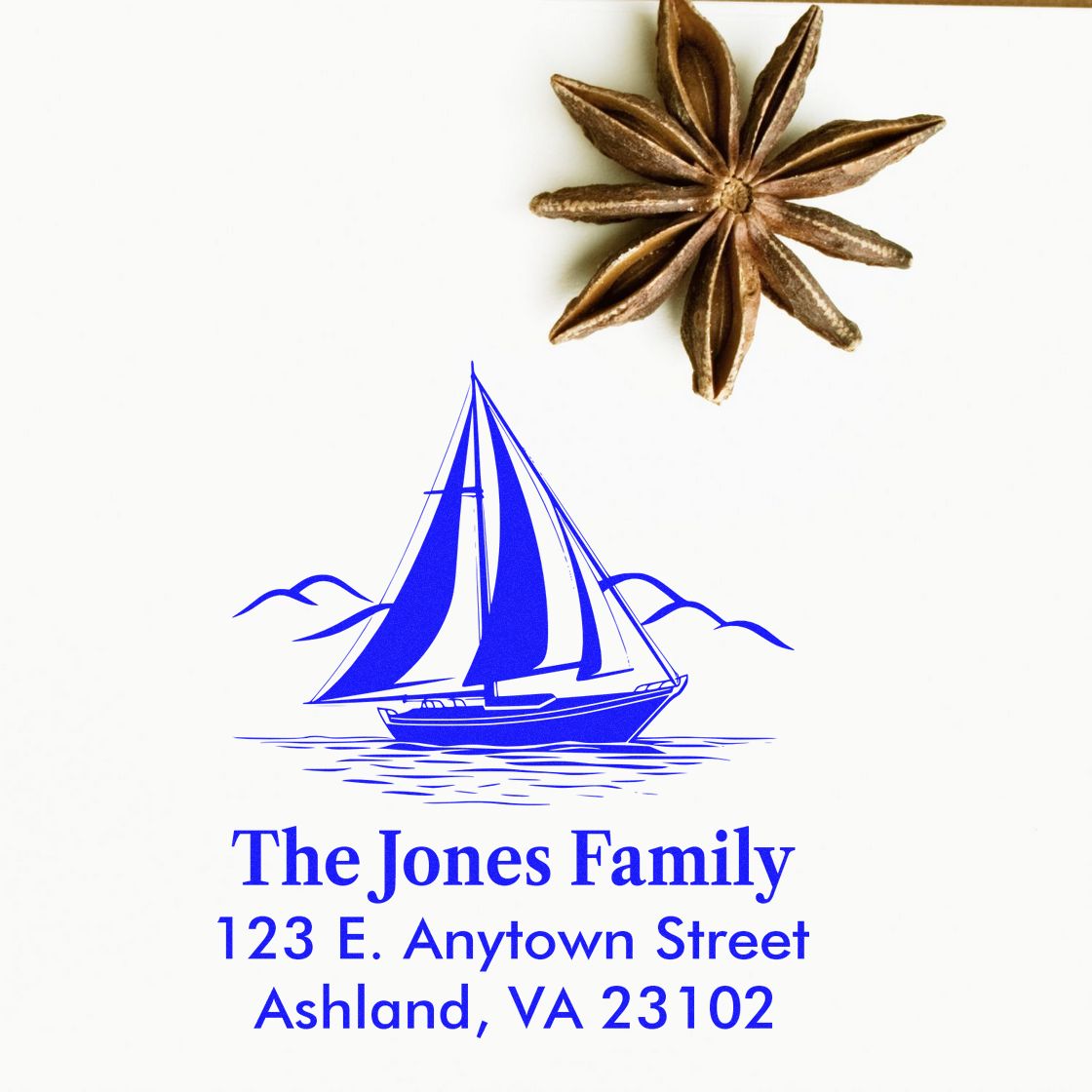 Custom return address rubber stamp with sailboat logo for The Jones Family, Ashland, VA.