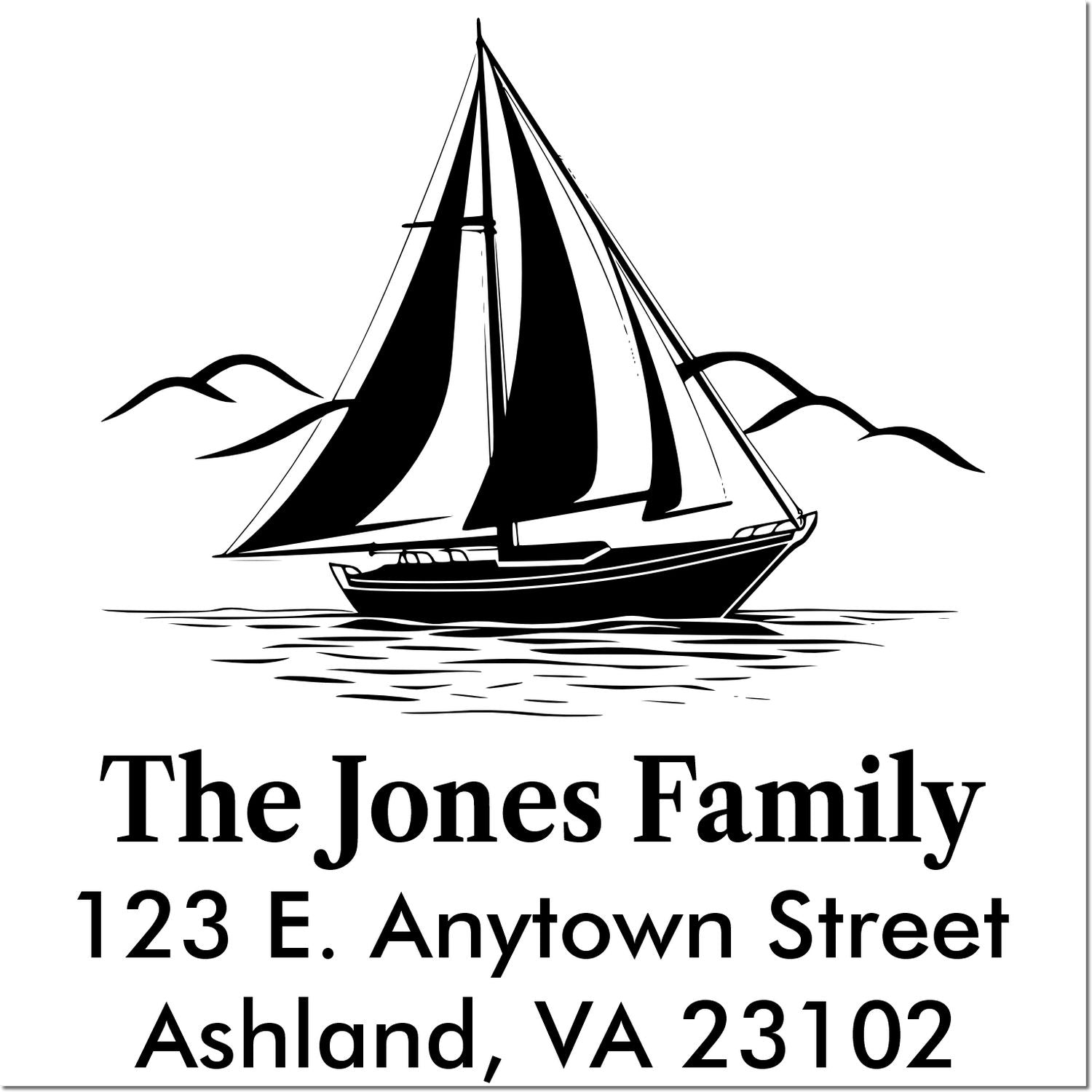 Custom sailboat return address rubber stamp with The Jones Family, 123 E. Anytown Street, Ashland, VA 23102