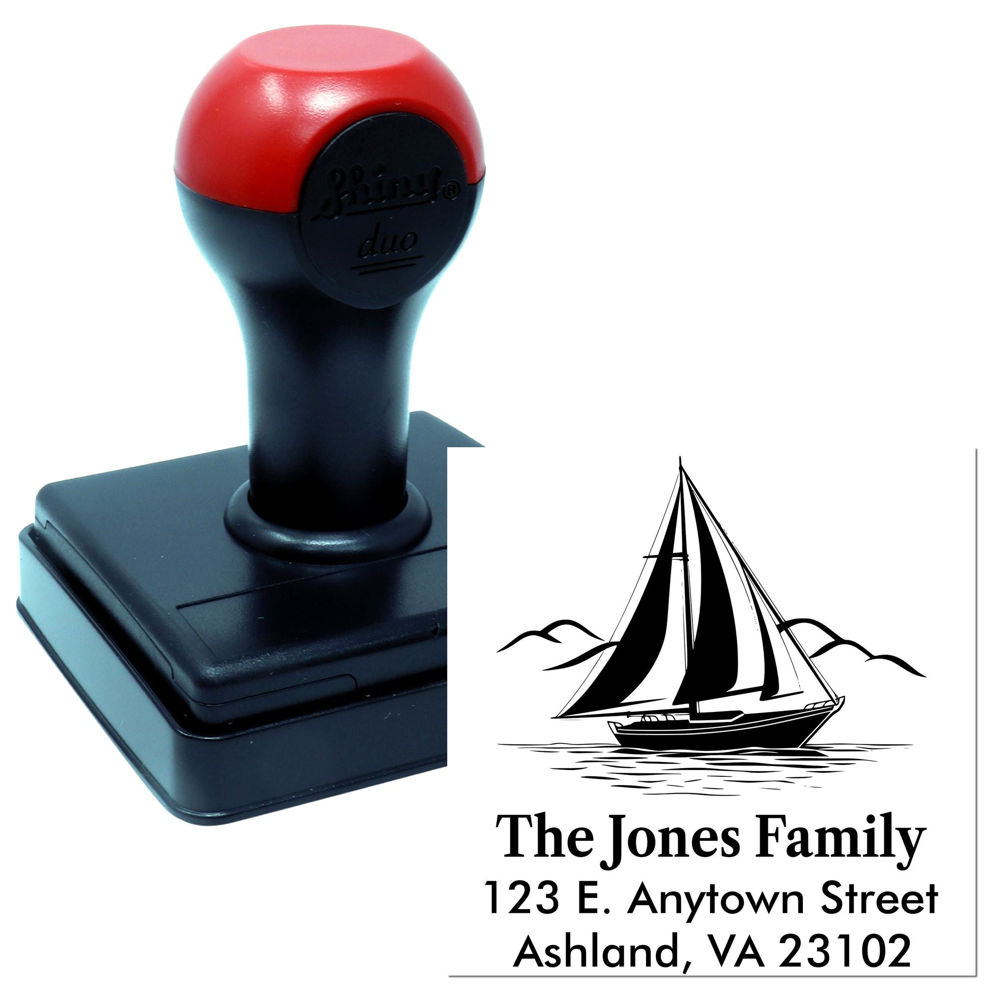 Custom self-inking rubber address stamp with sailboat design for The Jones Family return address labels