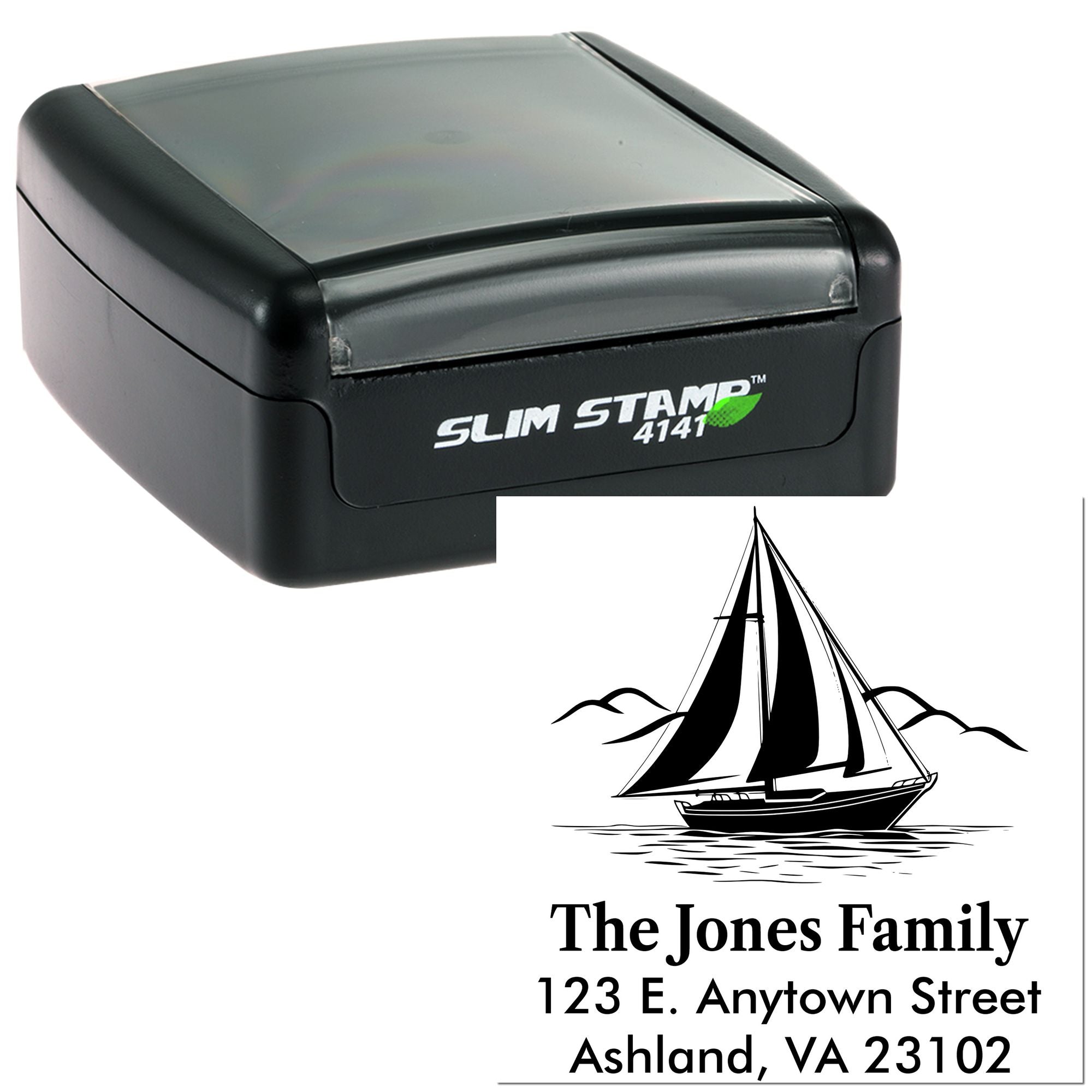 Slim self-inking custom return address rubber stamp with sailboat design for The Jones Family, Ashland, VA 23102