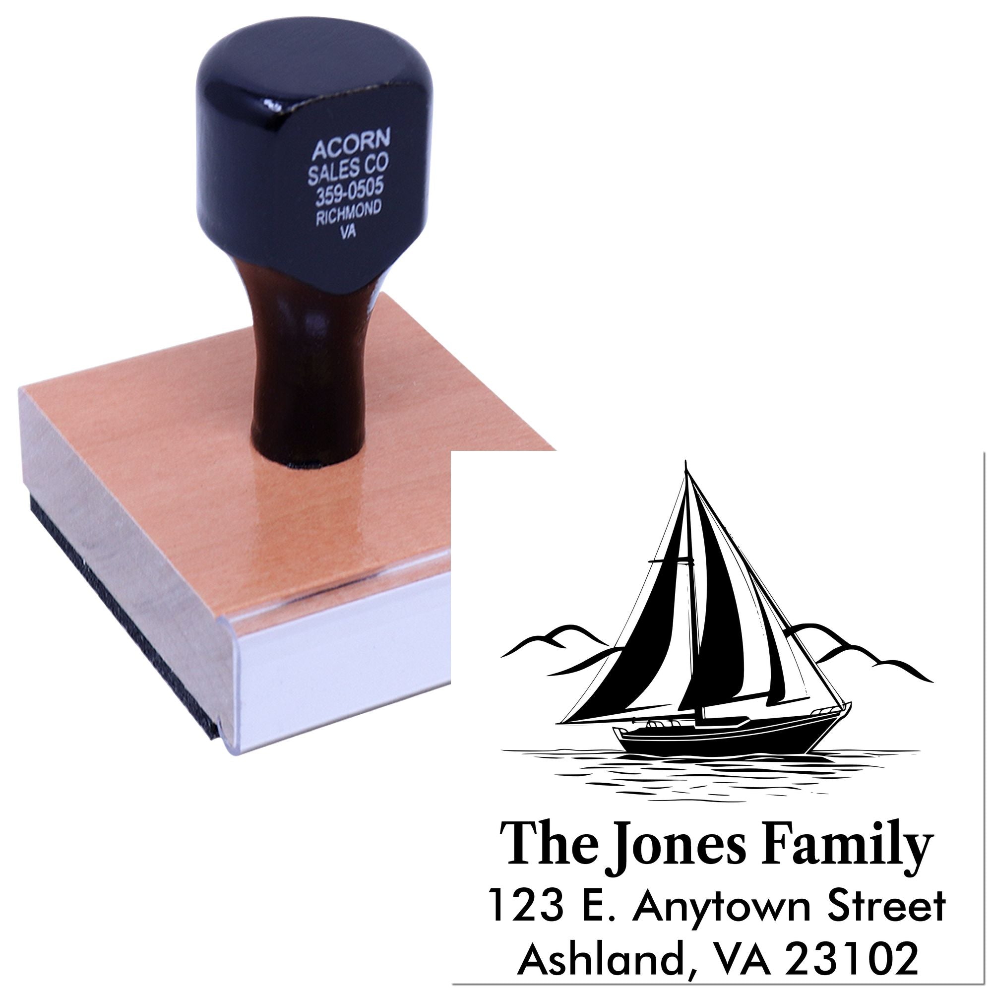 Custom rubber stamp for family address labels featuring a sailboat design and The Jones Family return address.