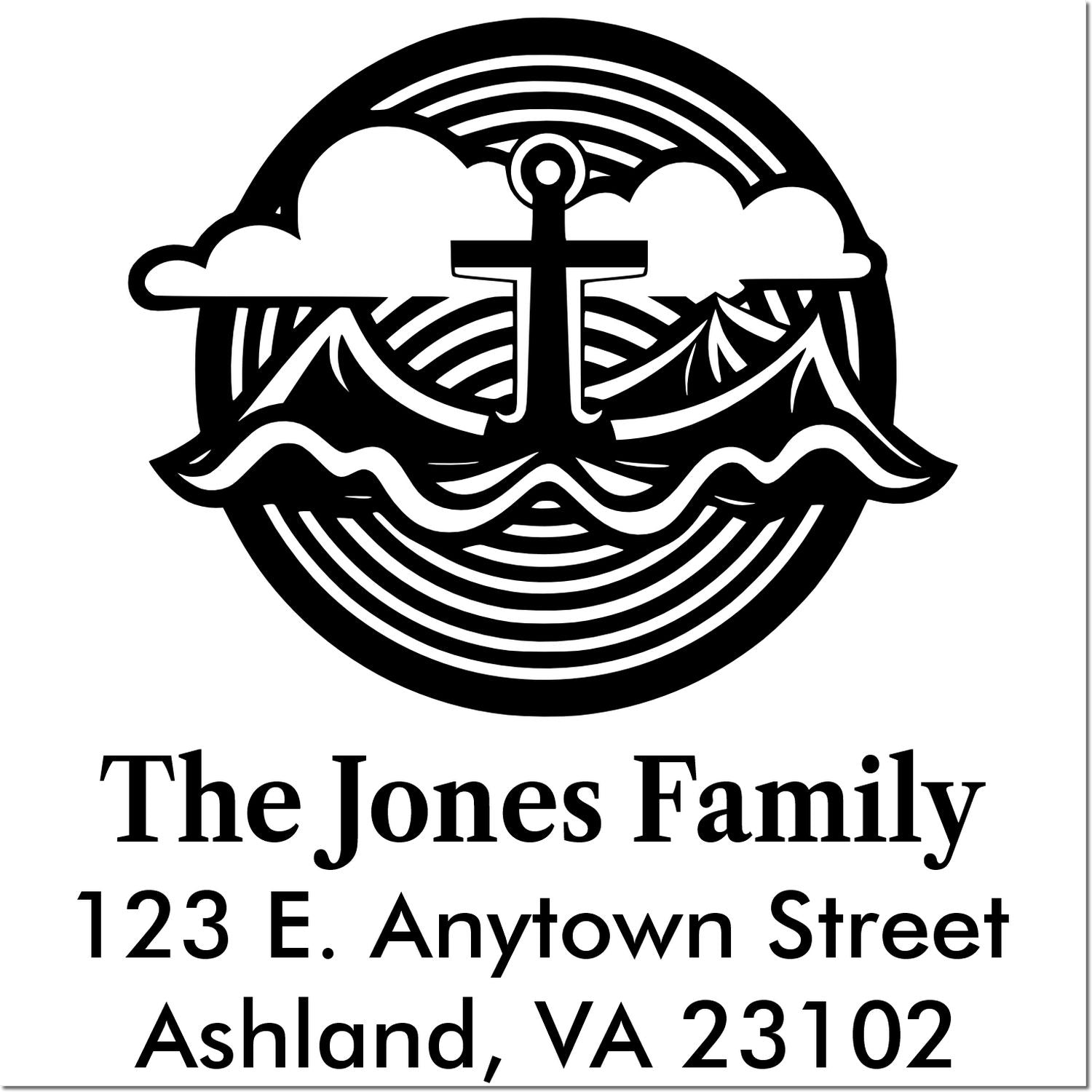 Personalized nautical family address rubber stamp with anchor design: The Jones Family, 123 E. Anytown Street, Ashland, VA 23102