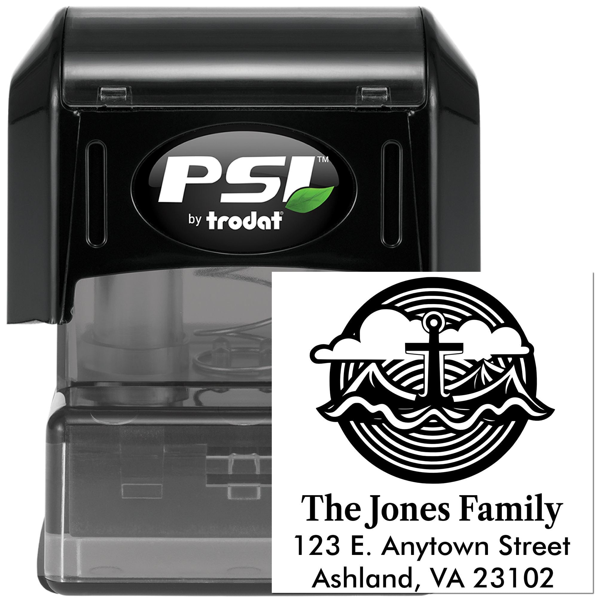 PSI by Trodat self-inking personalized address rubber stamp with custom family name and return address design