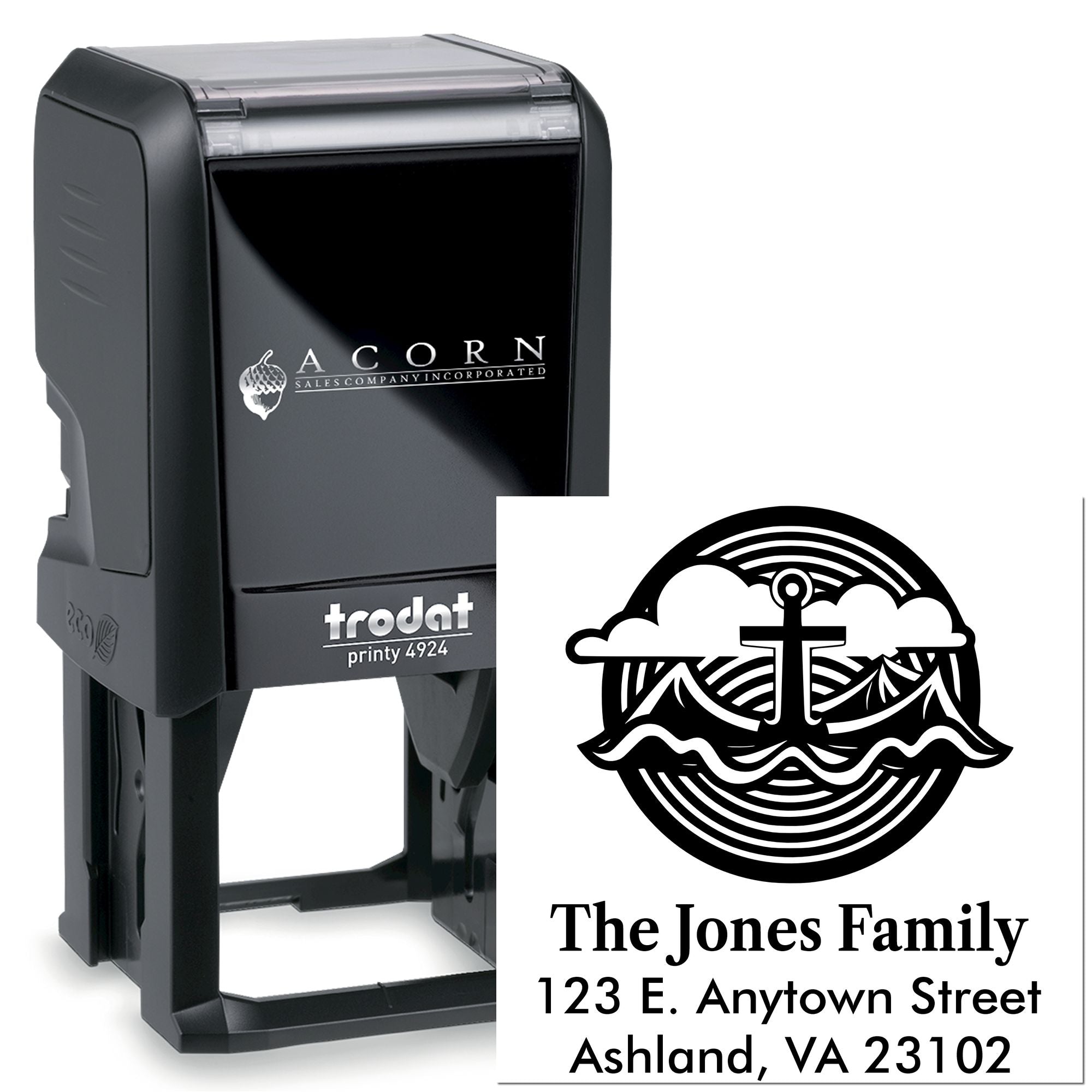 Custom self-inking rubber stamp with family address design and logo for personalized mailing and stationery.