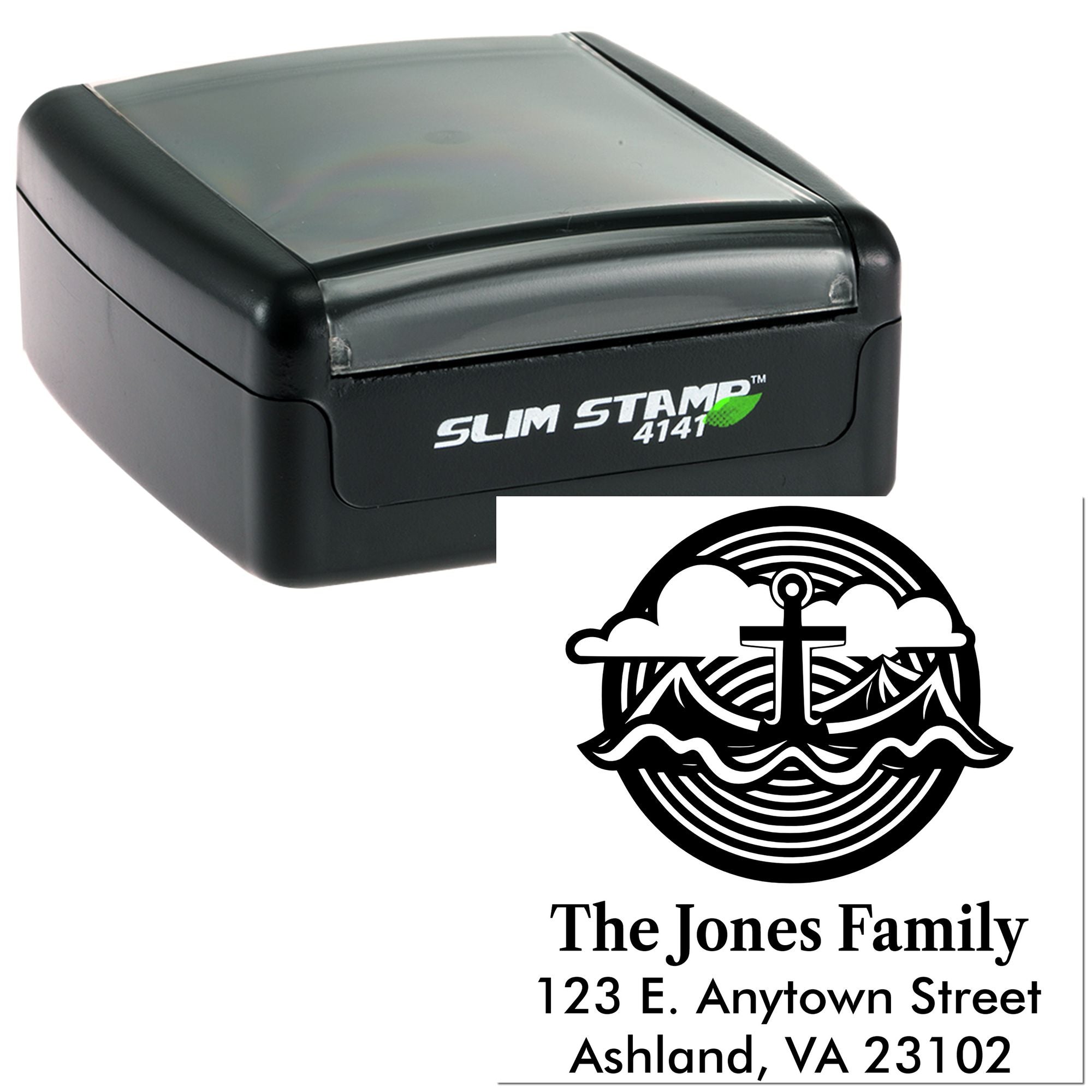 Custom self-inking rubber stamp with anchor family address design for personalized return mail and envelopes.