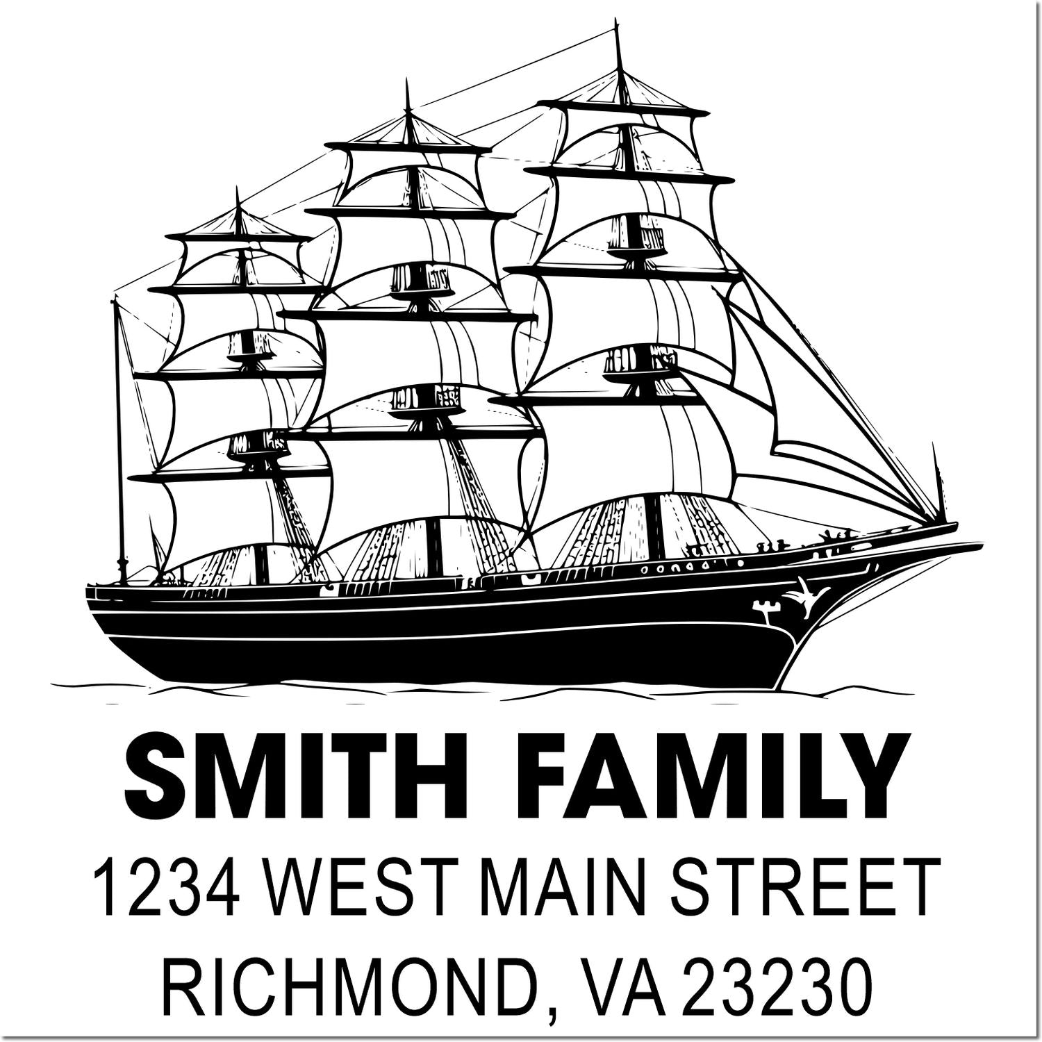 Custom family return address rubber stamp with sailing ship design, Smith Family, 1234 West Main Street, Richmond, VA 23230.