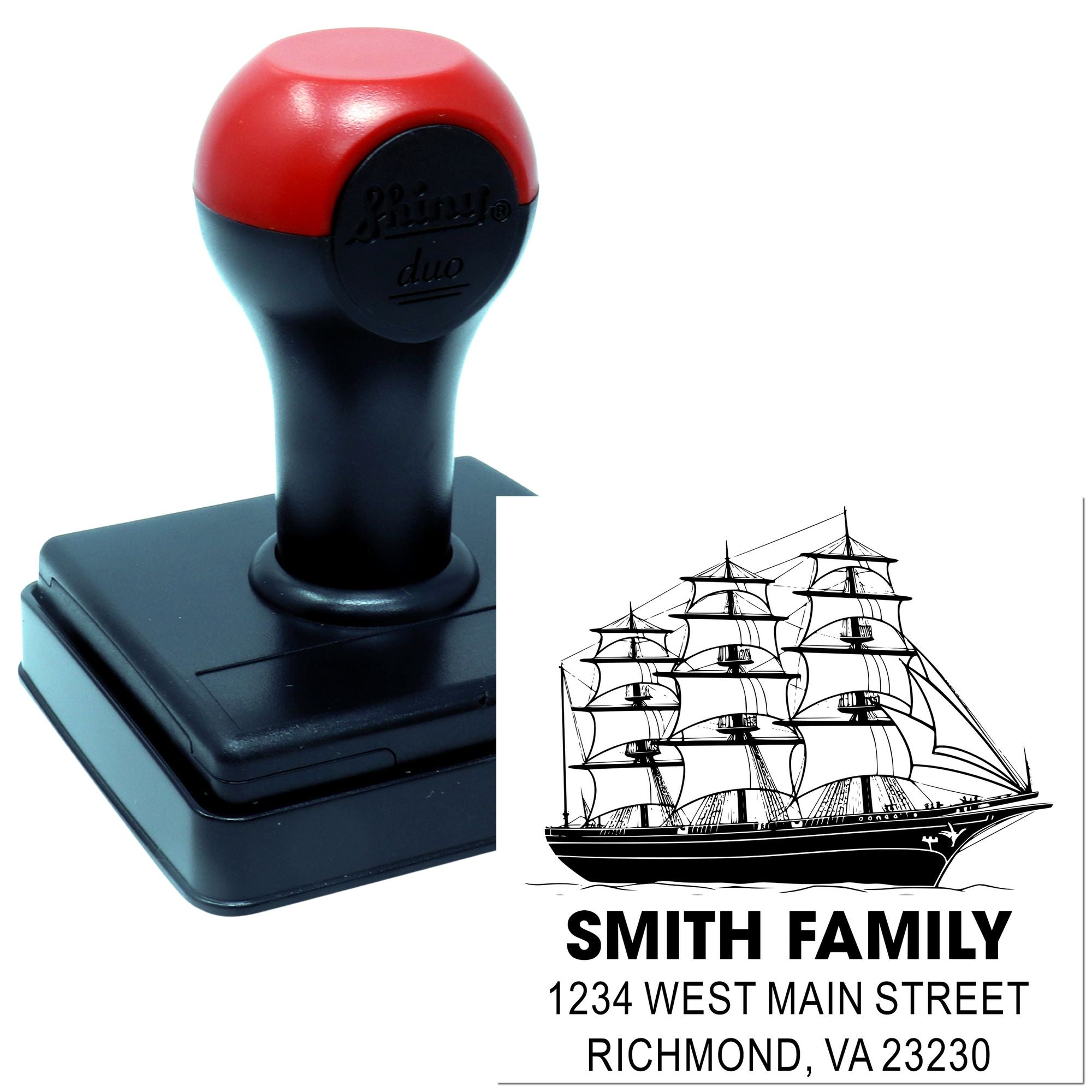 Personalized self-inking rubber stamp with ship logo, Smith family name, and return address for mailing and branding.