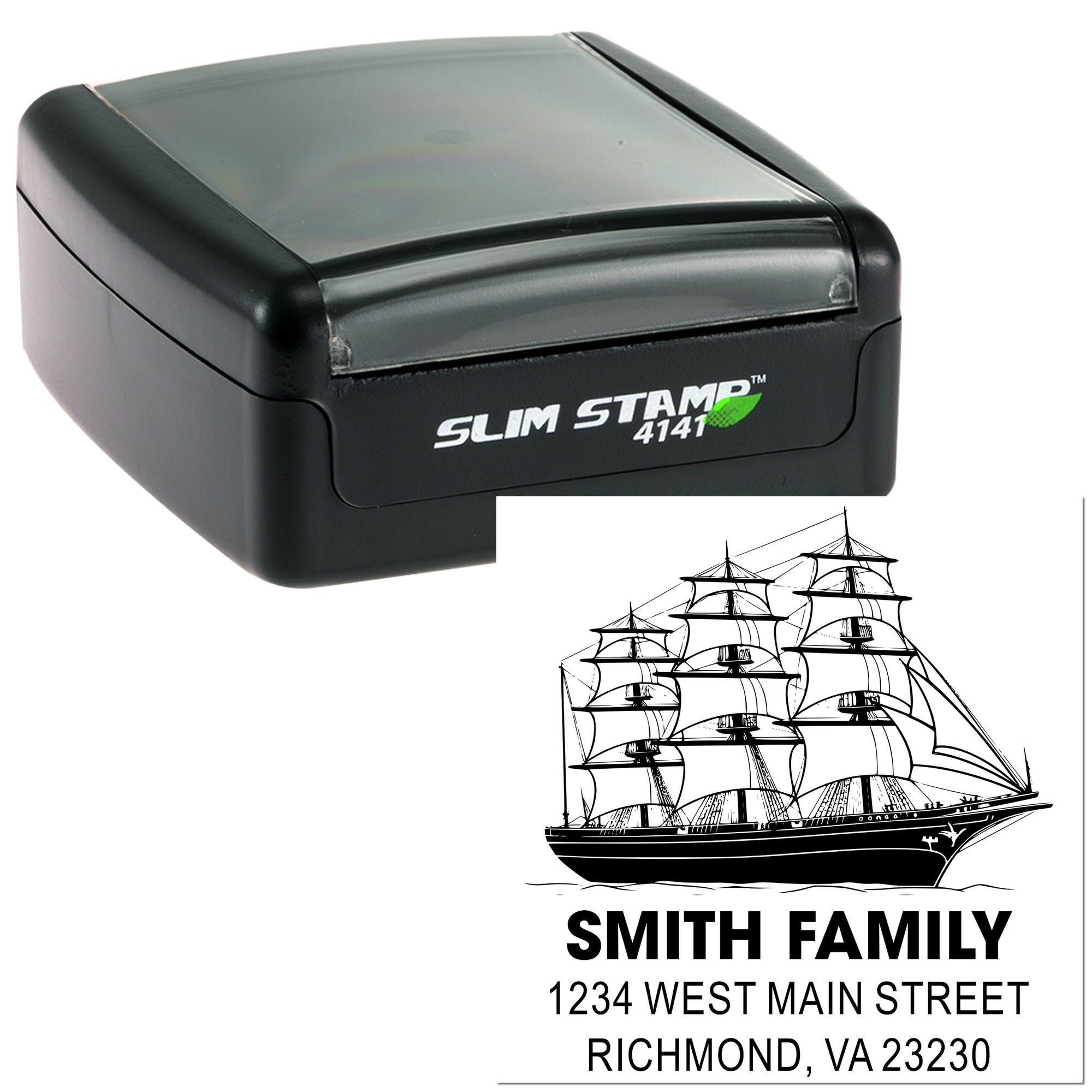Self-inking rubber stamp with custom ship logo and family return address imprint