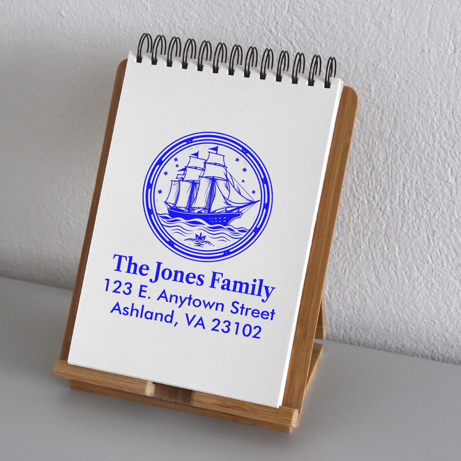 Personalized nautical rubber stamp with ship design and return address for The Jones Family in Ashland, VA.