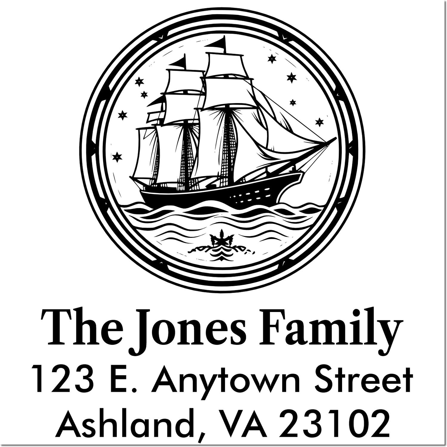 Custom nautical return address rubber stamp for The Jones Family with sailing ship emblem, 123 E. Anytown Street, Ashland, VA 23102.