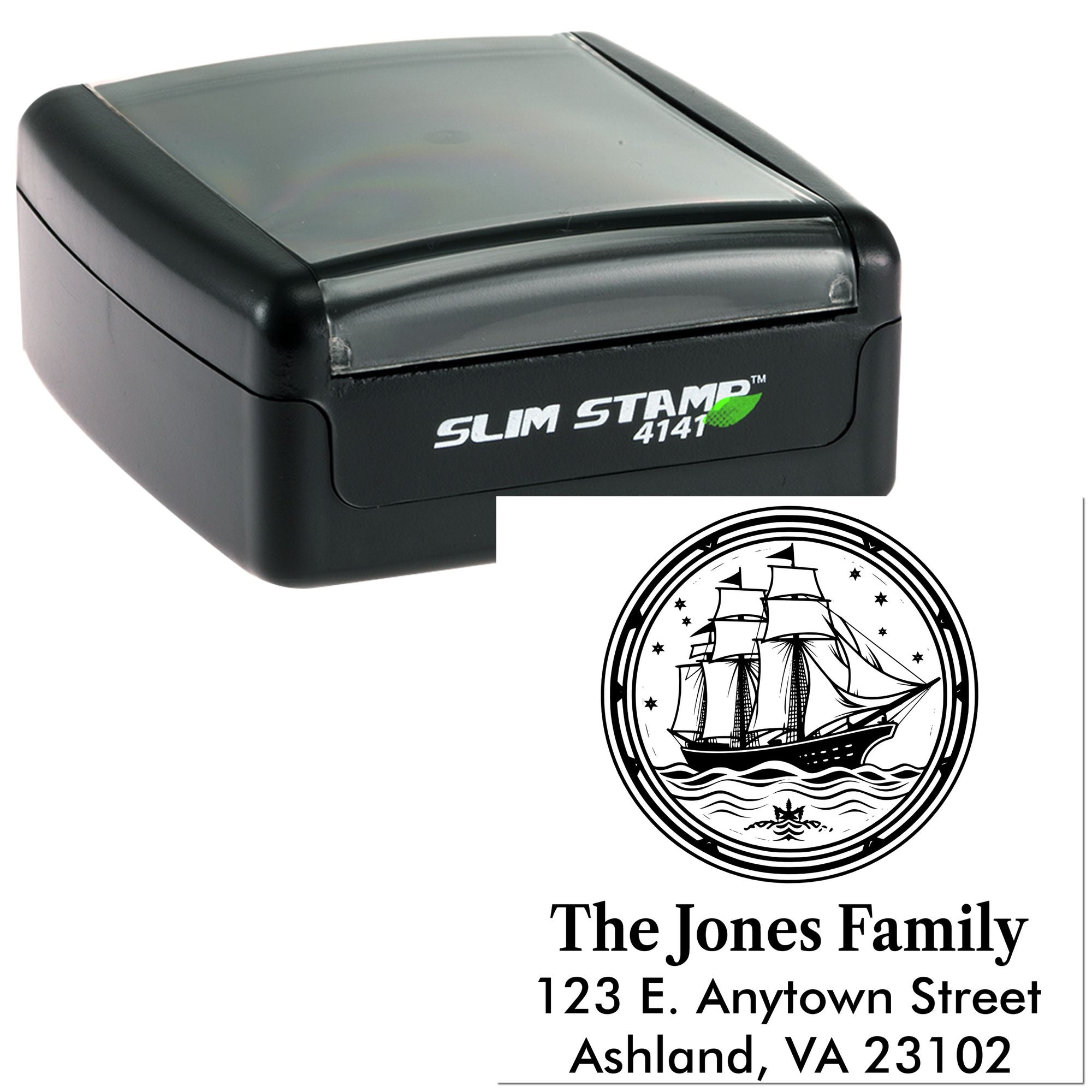 Custom address rubber stamp with sailboat family design and return address, shown with Slim Stamp self-inking case.
