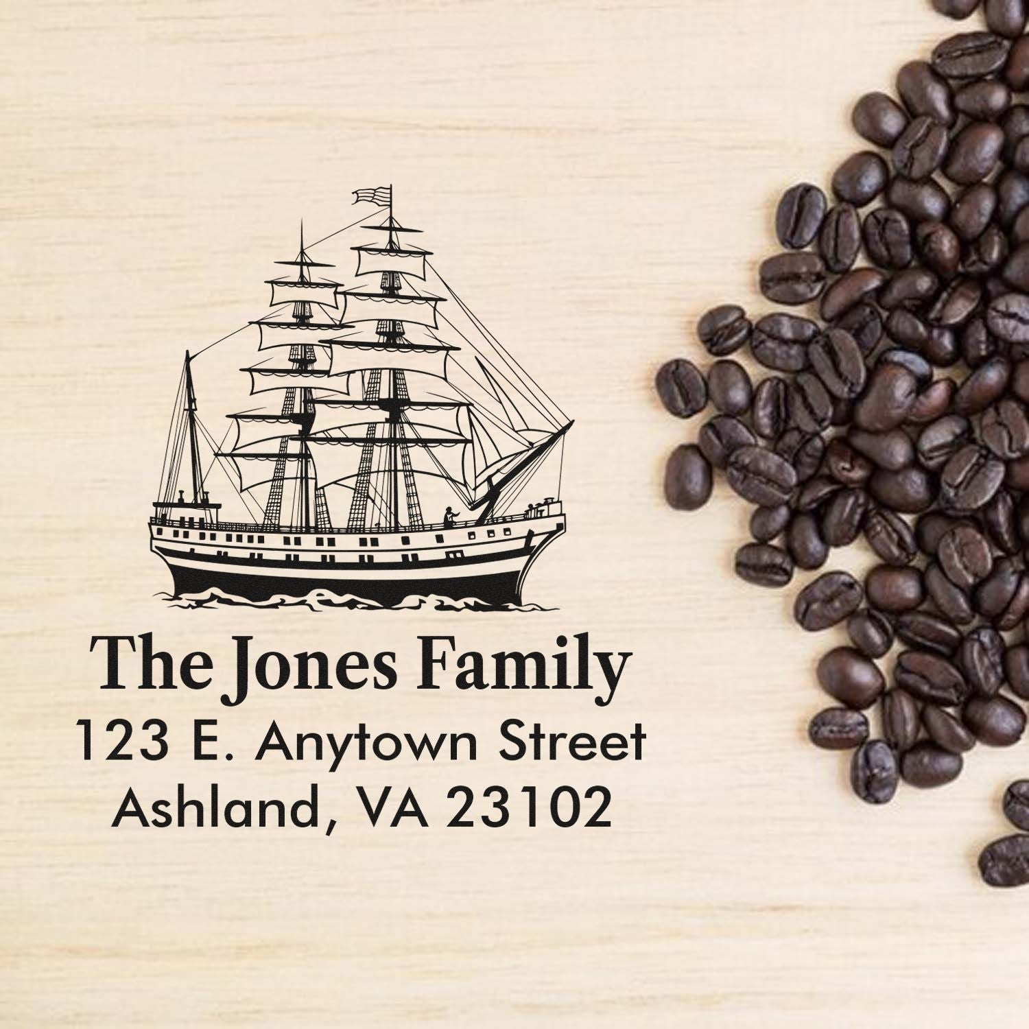 Custom nautical rubber stamp with sailing ship, The Jones Family name, and return address for personalized stationery or packaging.