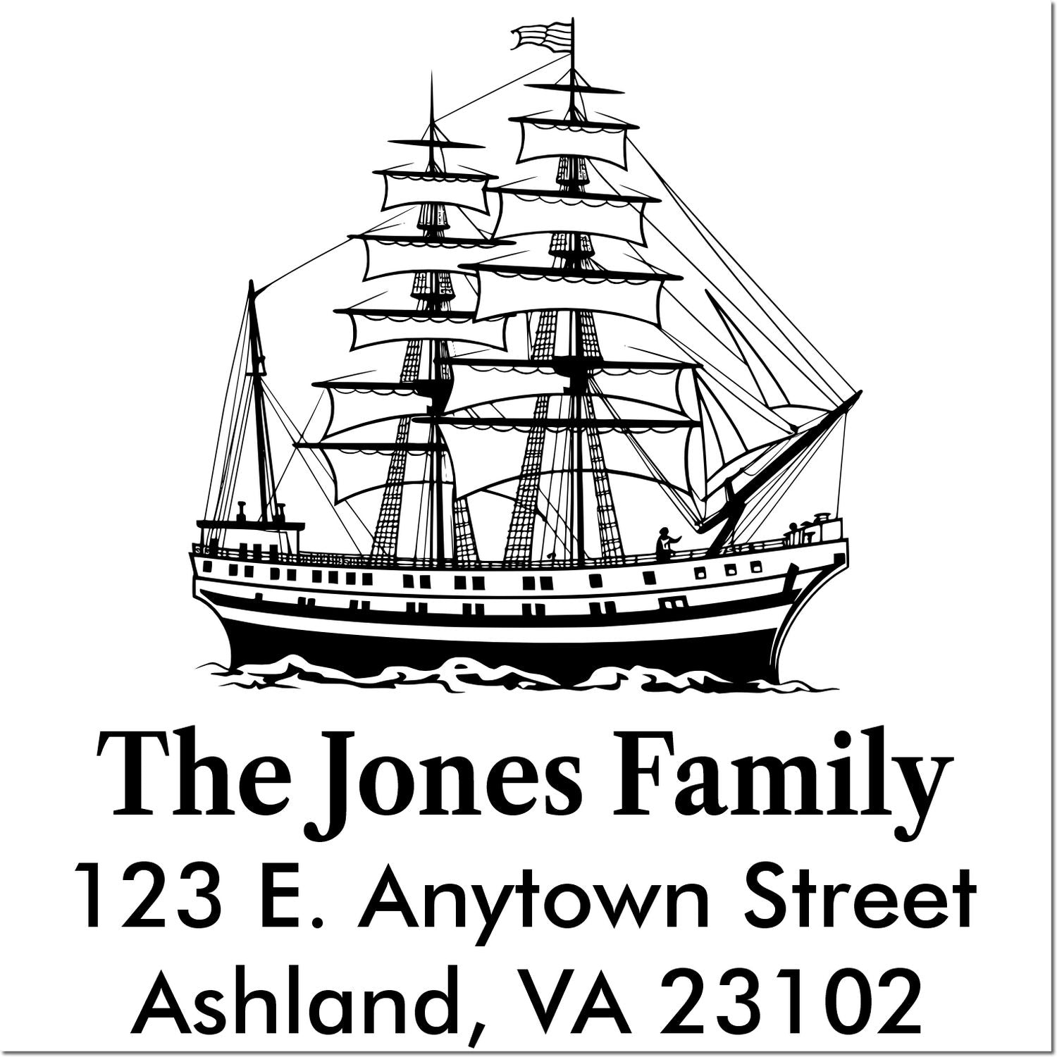 Custom nautical return address stamp with tall ship design for The Jones Family, 123 E. Anytown Street, Ashland, VA 23102