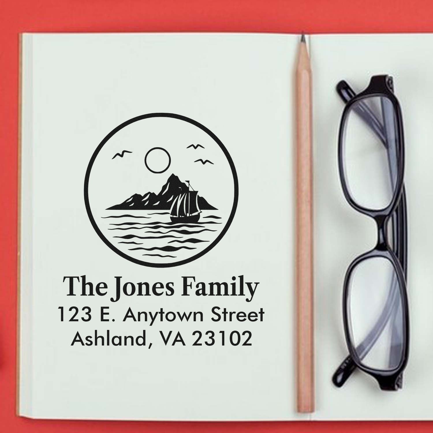 Custom return address rubber stamp with sailboat and coastal logo for The Jones Family, ideal for personalized envelopes.