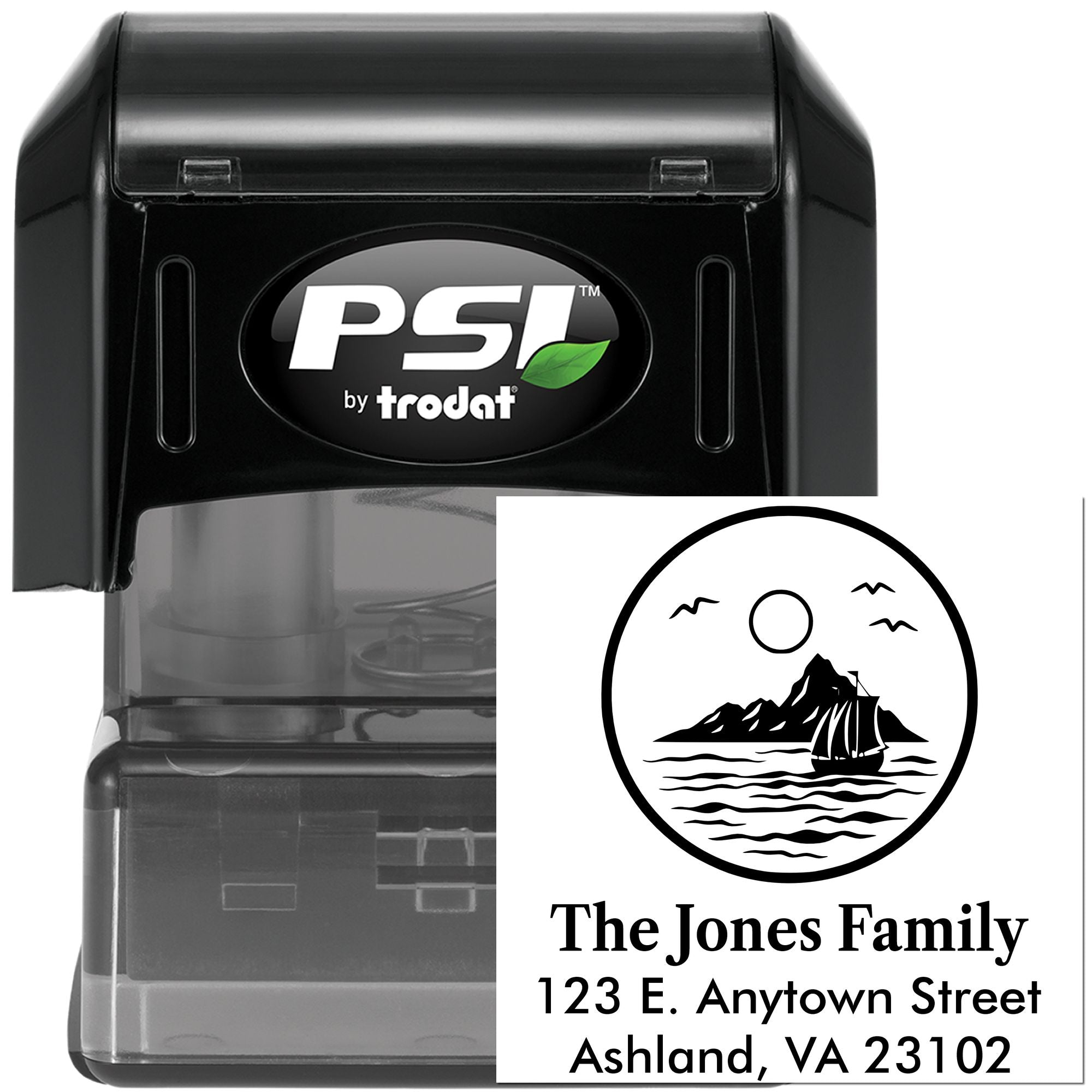 Custom PSI by Trodat self-inking rubber address stamp for The Jones Family, featuring a sailboat logo design.
