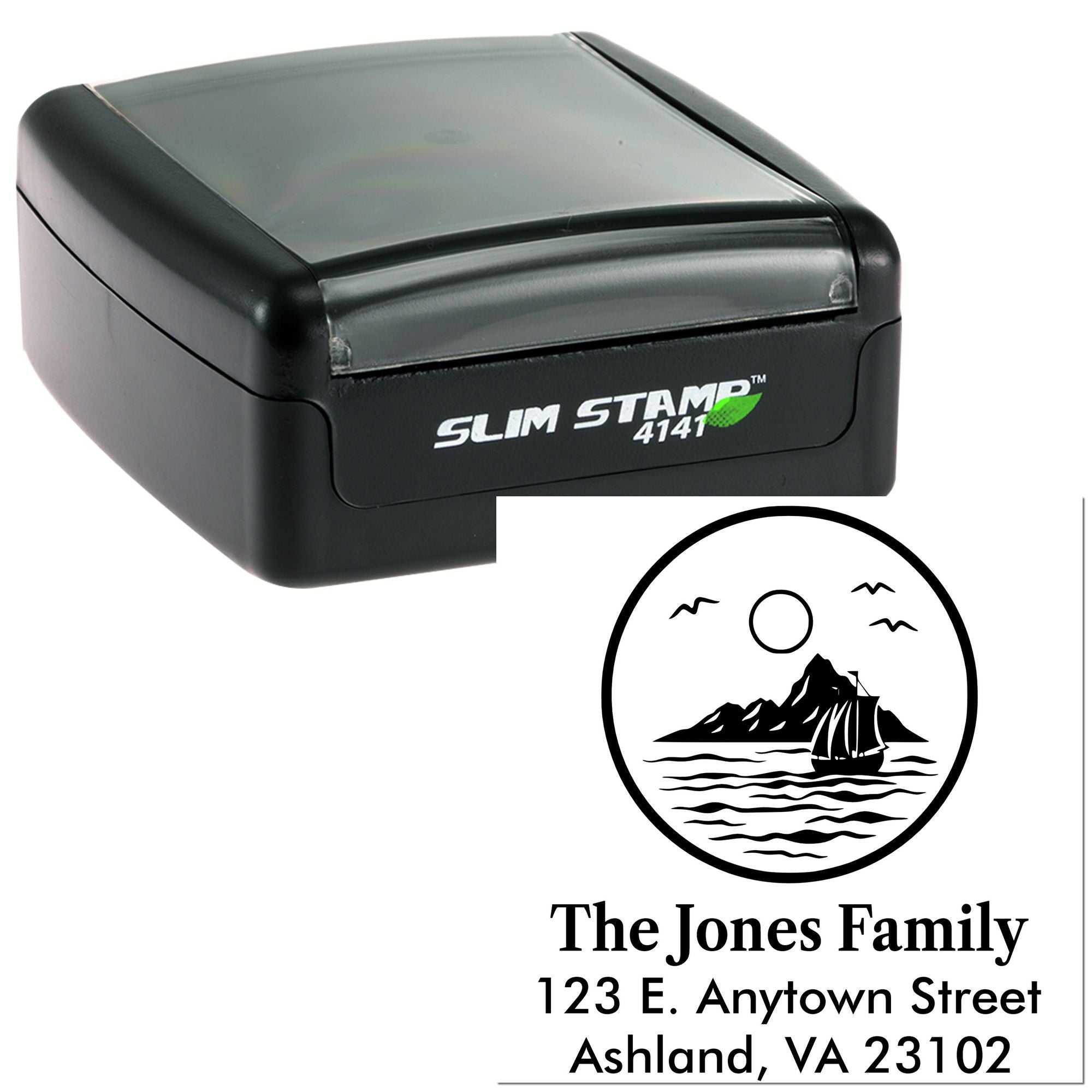 Slim Stamp 4141 custom address rubber stamp with sailboat family design for The Jones Family, Ashland, VA