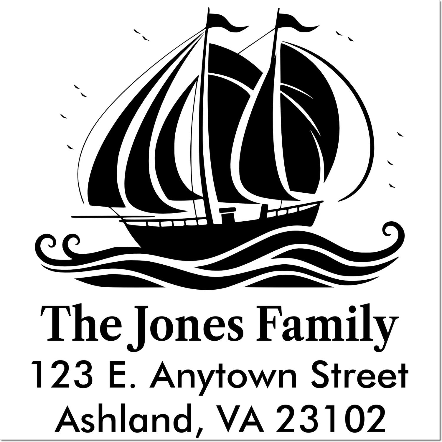 Personalized sailboat family address rubber stamp with name and Ashland, VA 23102 return address.