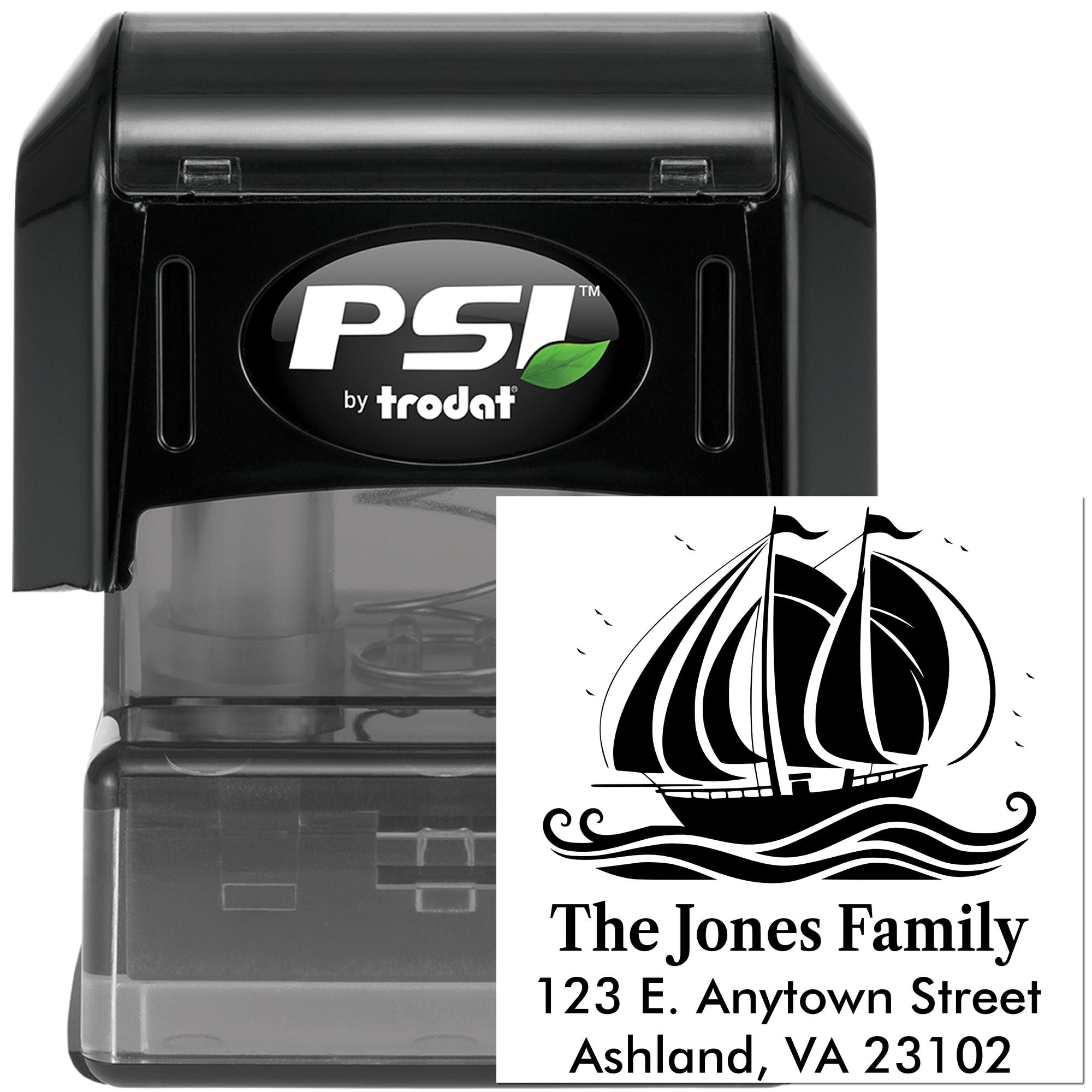 Custom self-inking rubber stamp with sailboat address design for The Jones Family, 123 E. Anytown Street, Ashland, VA 23102