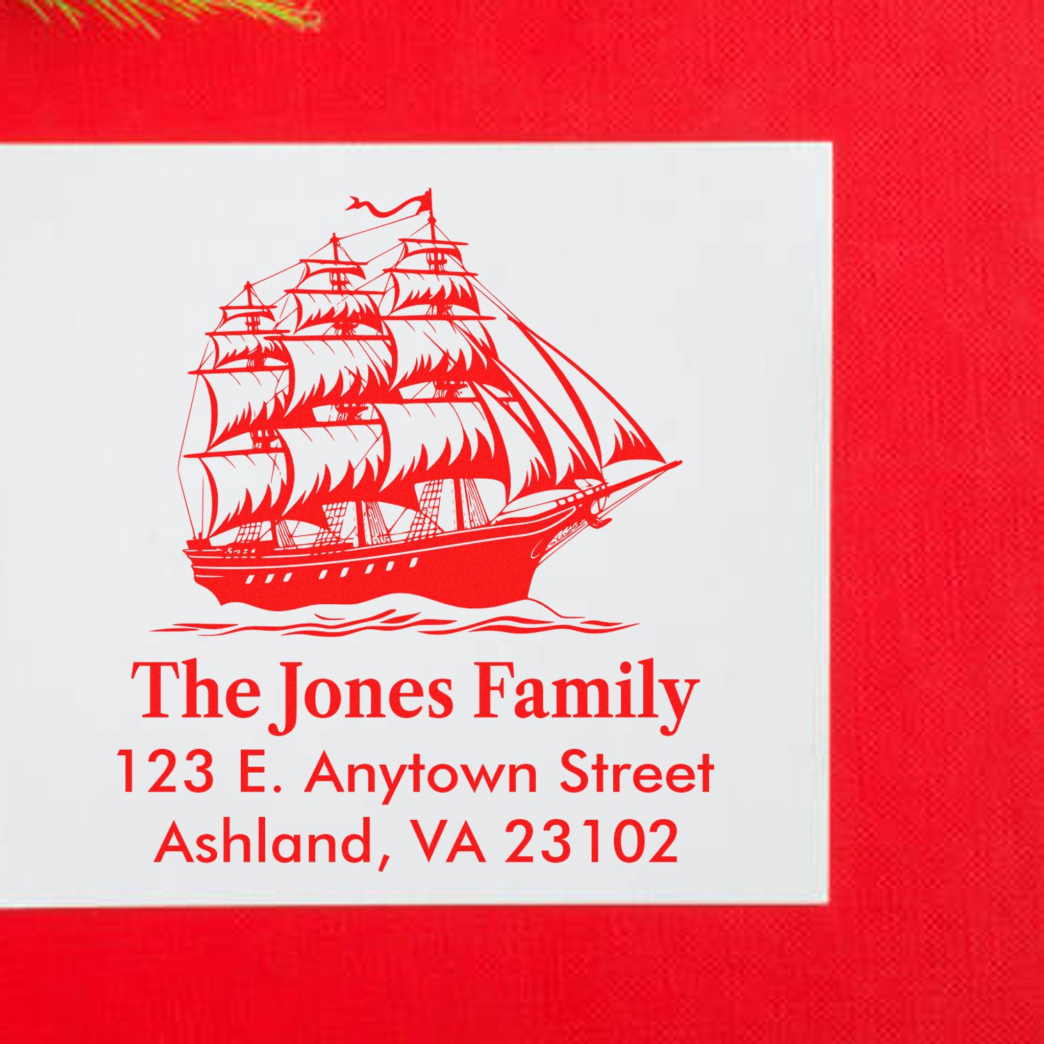 Custom nautical return address rubber stamp with sailing ship design for The Jones Family, Ashland, VA.