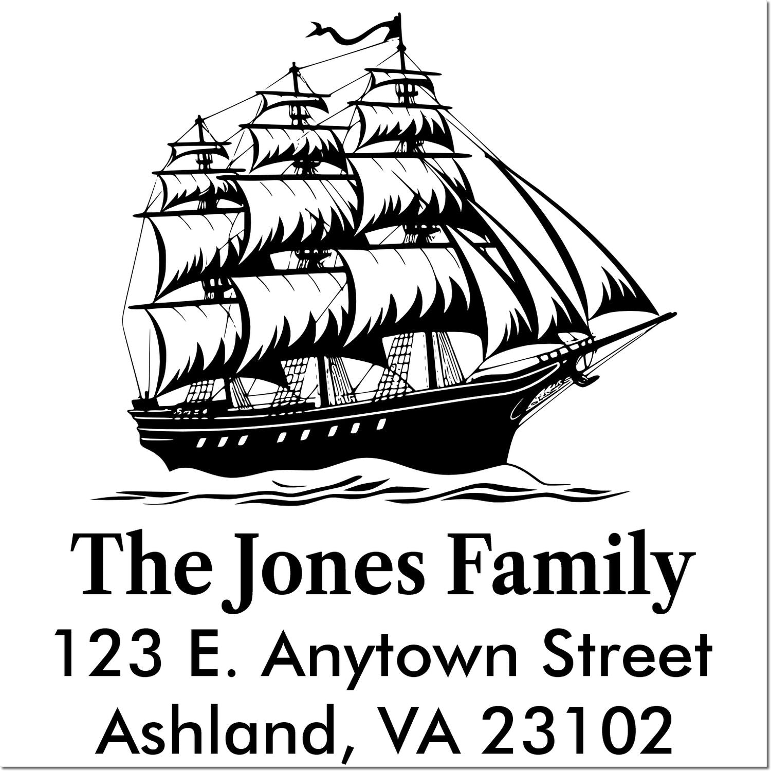 Personalized family return address rubber stamp with sailing ship design for The Jones Family, Ashland, VA 23102