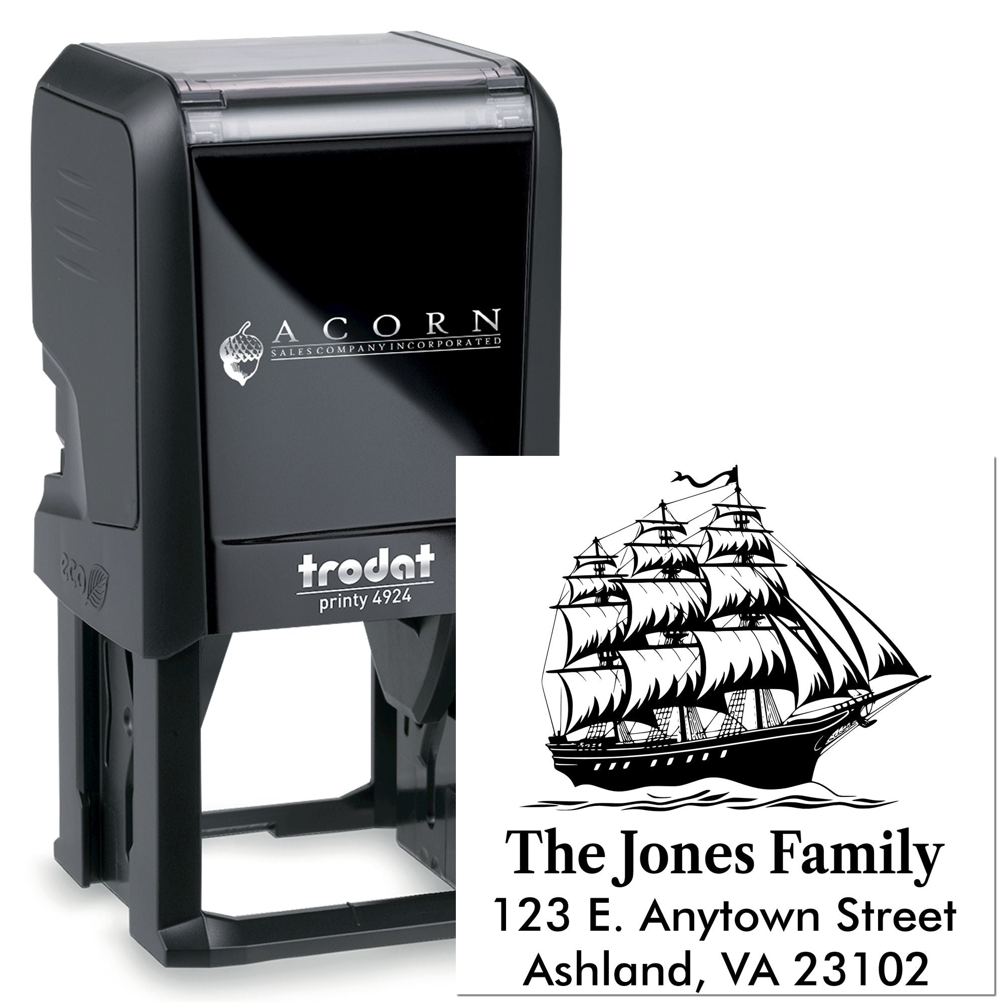 Trodat self-inking rubber stamp with custom ship design and family return address for personalized mailing.