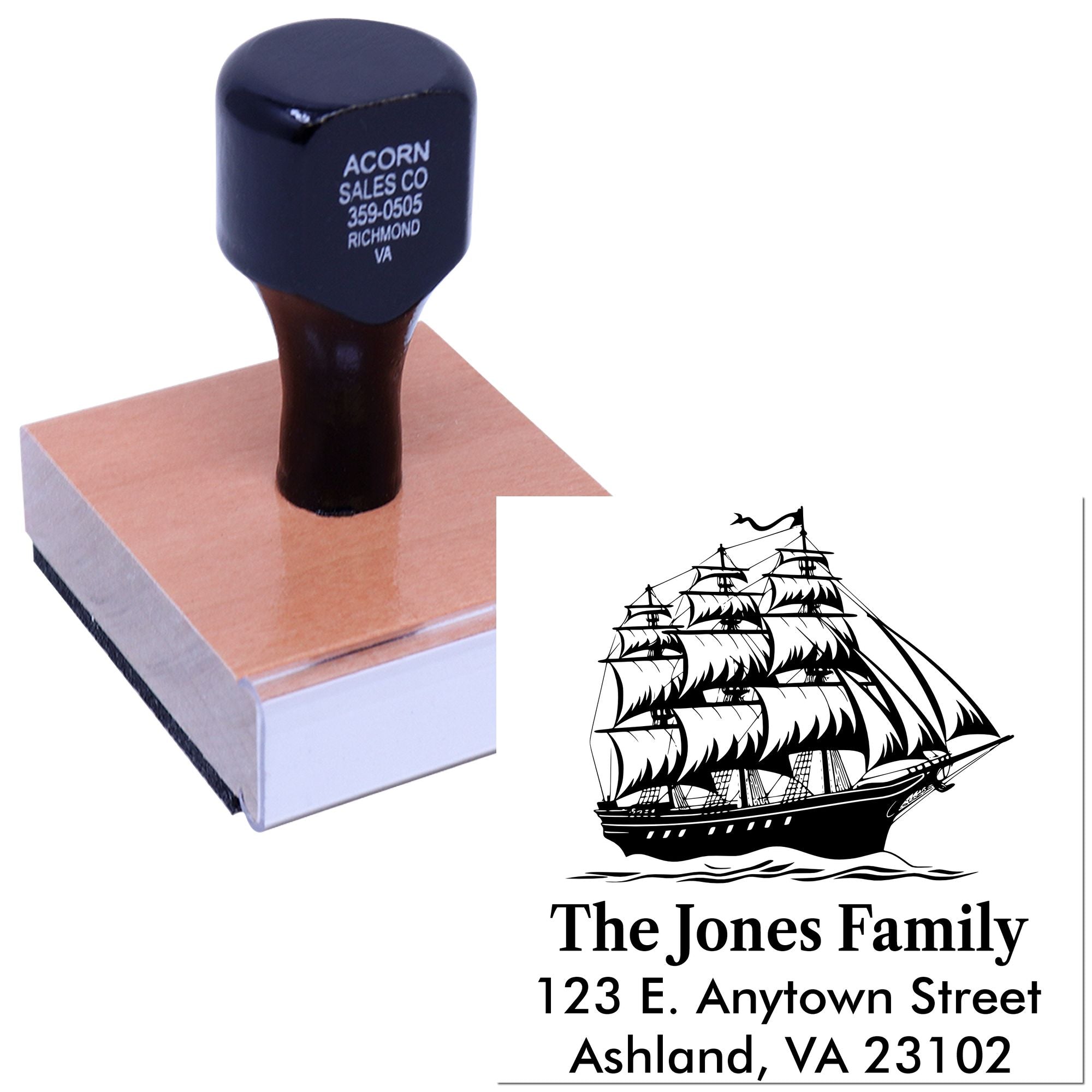 Custom rubber address stamp with sailing ship design and family return address for personalized mailing.