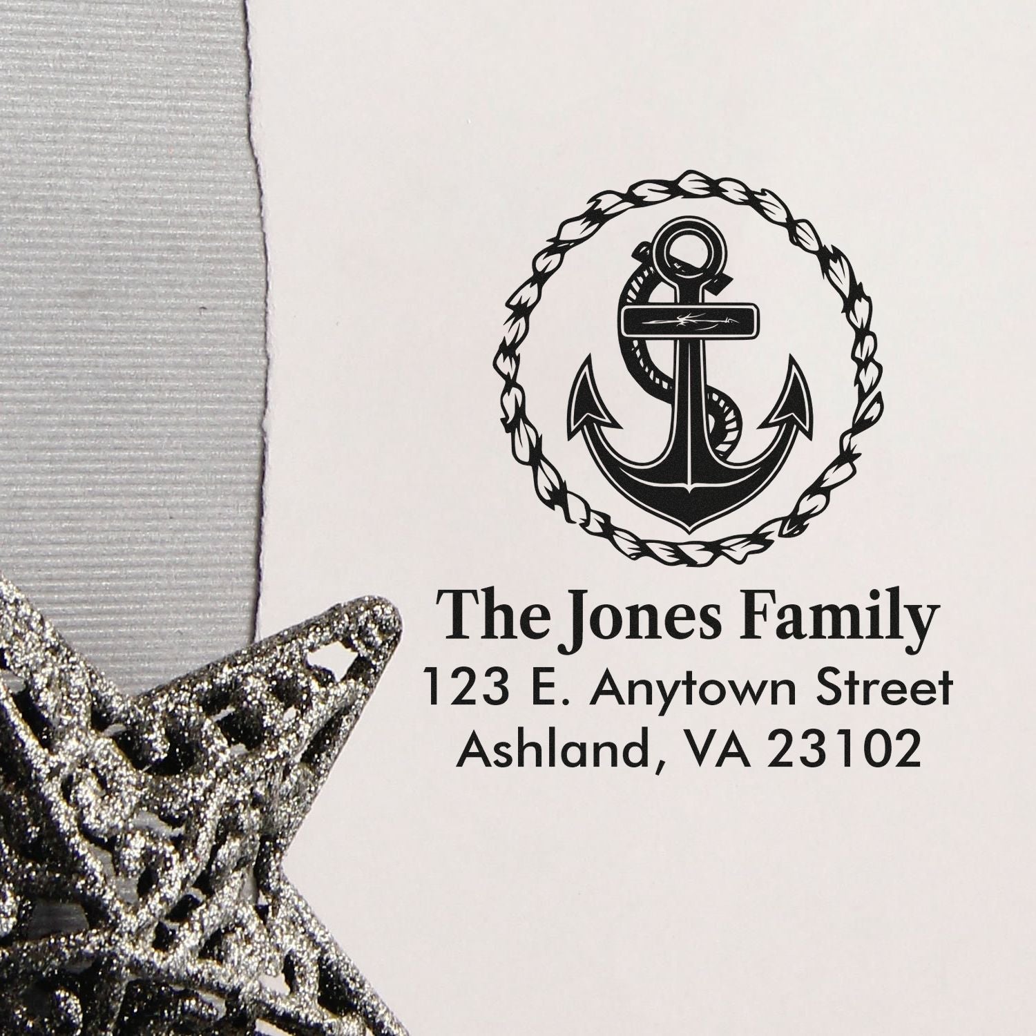 Personalized anchor return address rubber stamp for The Jones Family, Ashland, VA 23102.