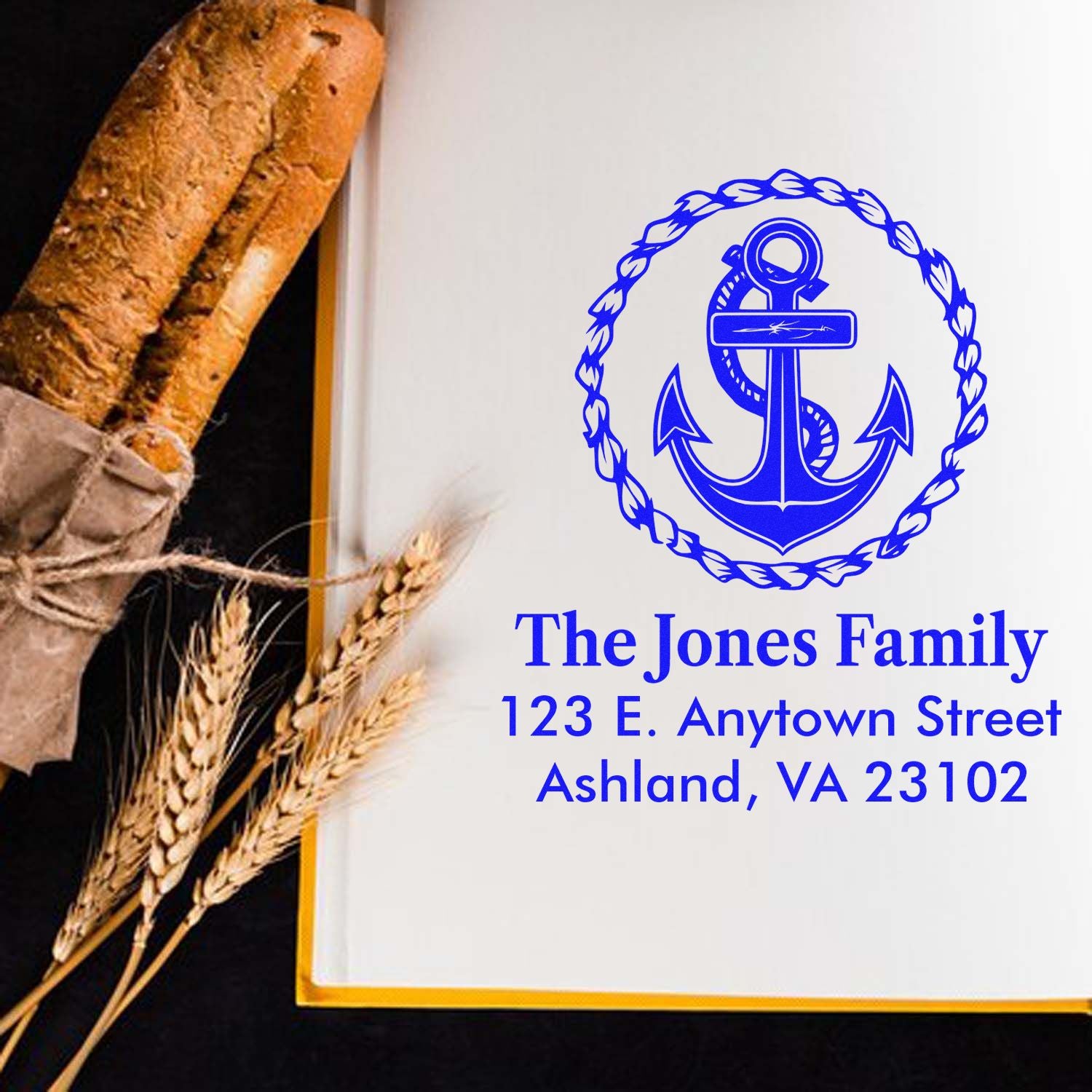 Custom return address rubber stamp with anchor monogram, personalized family name, and address for envelopes.