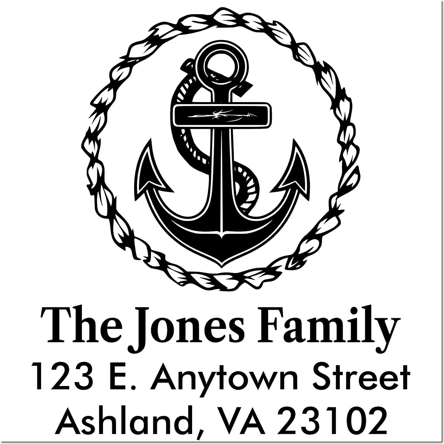 Custom nautical return address rubber stamp with anchor design, rope wreath, and The Jones Family Ashland, VA address.