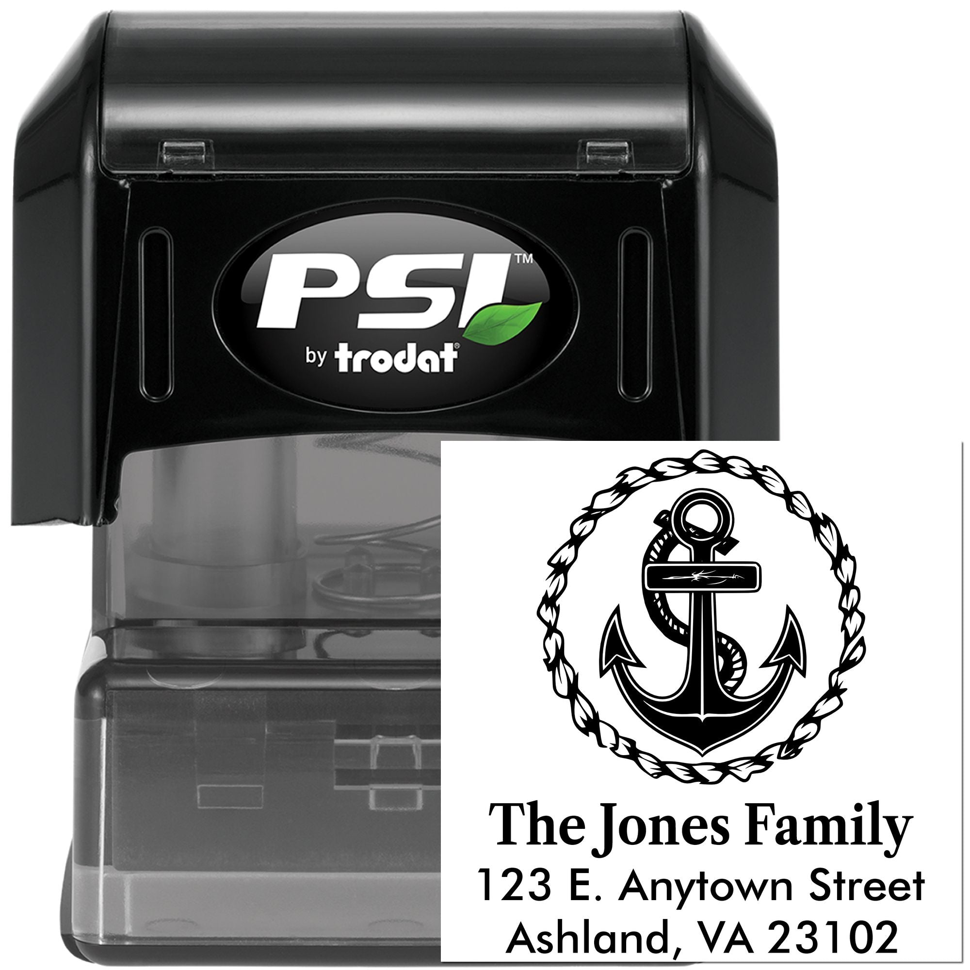 PSI by Trodat custom self-inking return address rubber stamp with anchor monogram for The Jones Family, Ashland, VA
