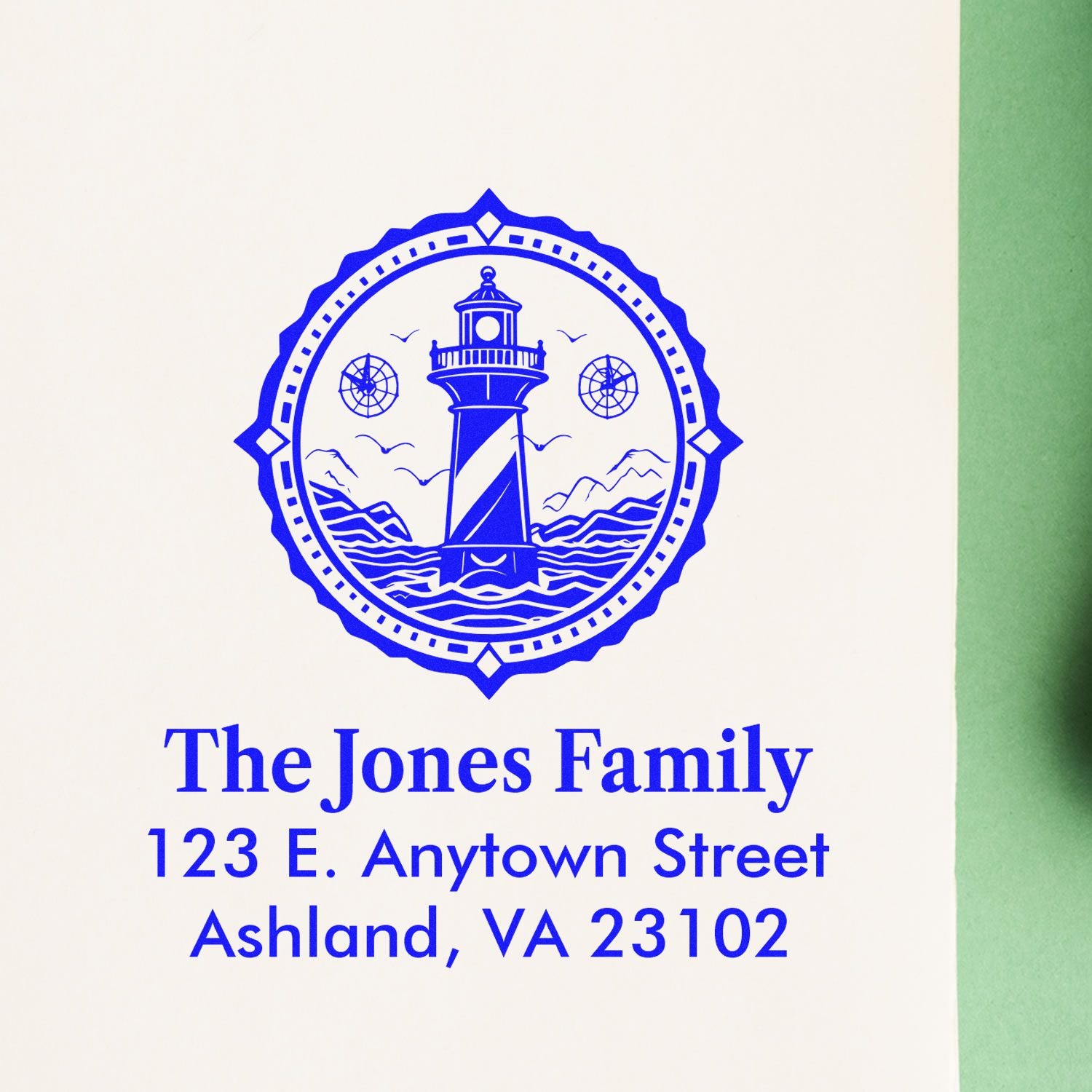 Custom lighthouse return address rubber stamp for The Jones Family, 123 E. Anytown Street, Ashland, VA 23102