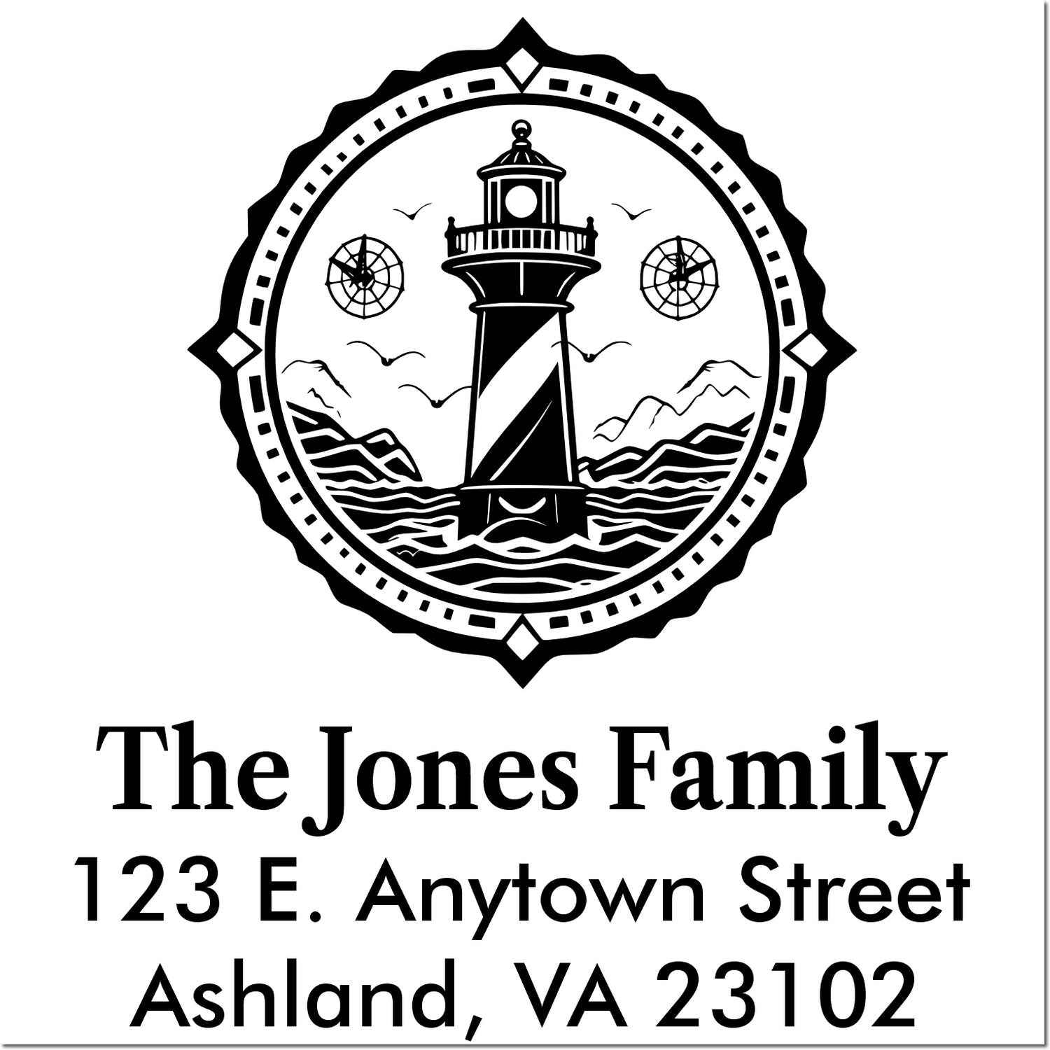 Custom lighthouse family address stamp with name and mailing address for The Jones Family, Ashland, VA 23102.