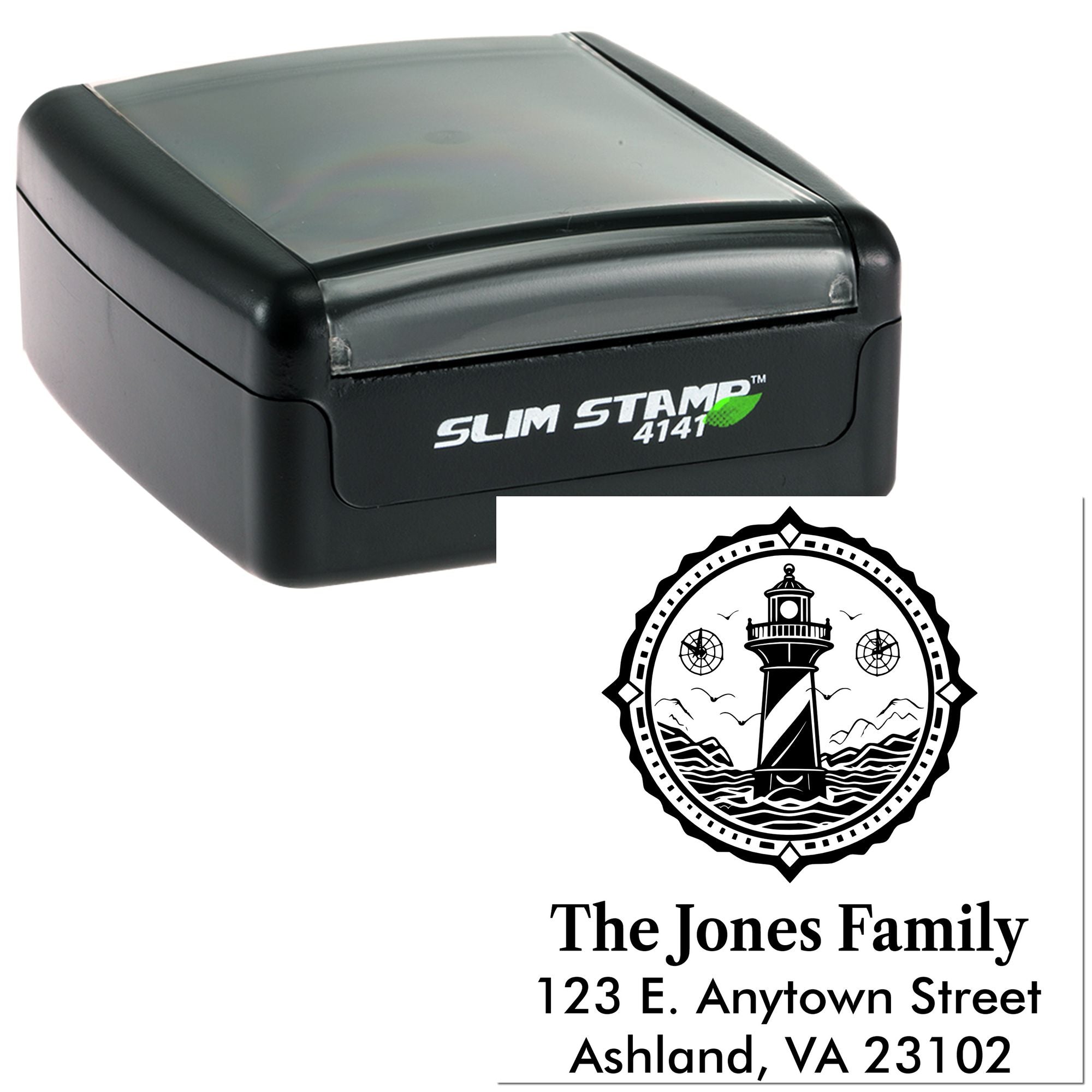 Custom self-inking address rubber stamp with lighthouse design for The Jones Family, Ashland, VA return address stamp