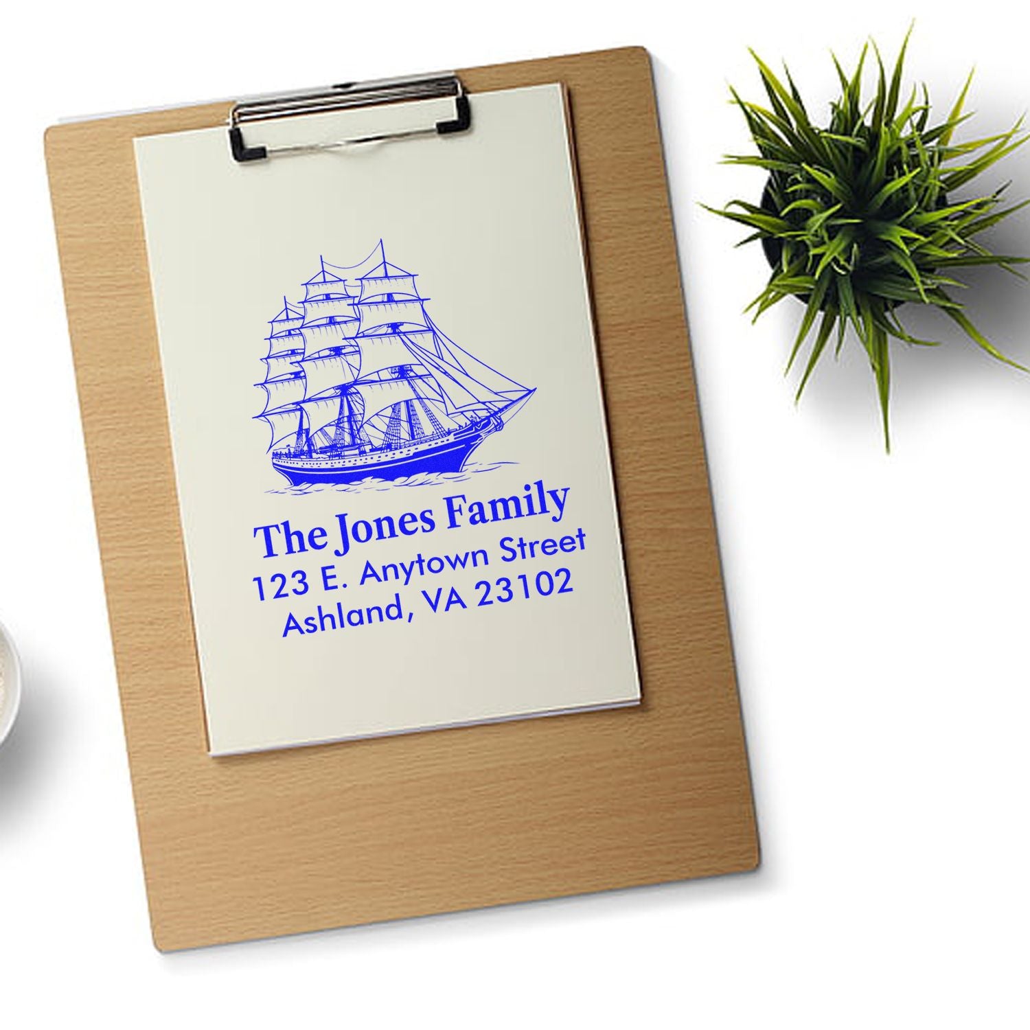 Custom nautical address rubber stamp with ship design, featuring The Jones Family name and return mailing address imprint.