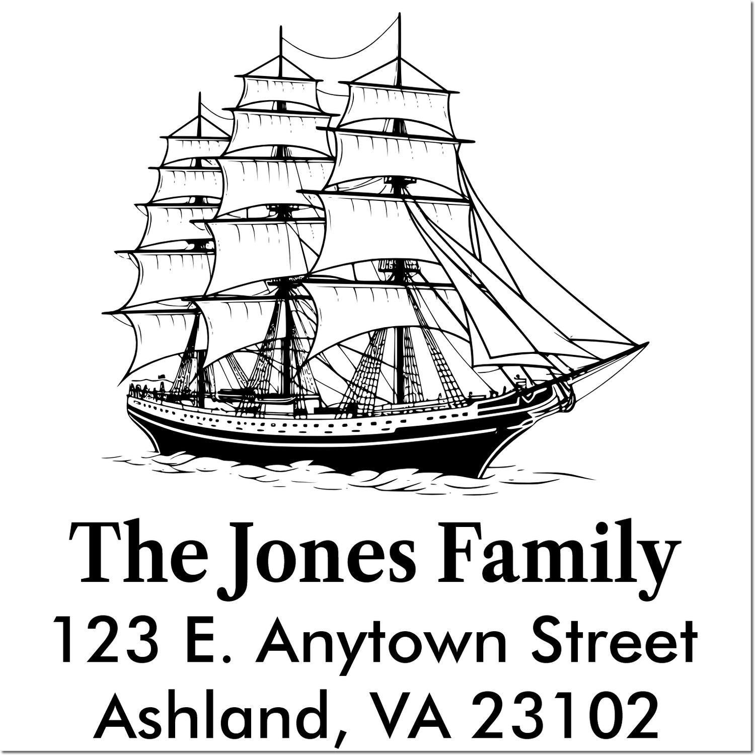Custom family return address rubber stamp with tall sailing ship, The Jones Family, 123 E. Anytown Street, Ashland, VA 23102.