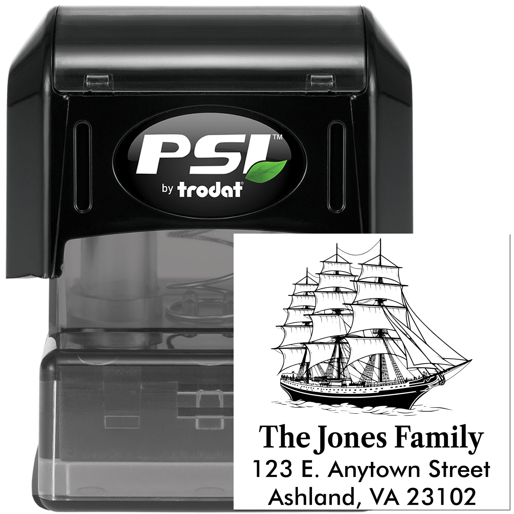 Custom self-inking address rubber stamp with ship design for personalized family mailing and stationery.