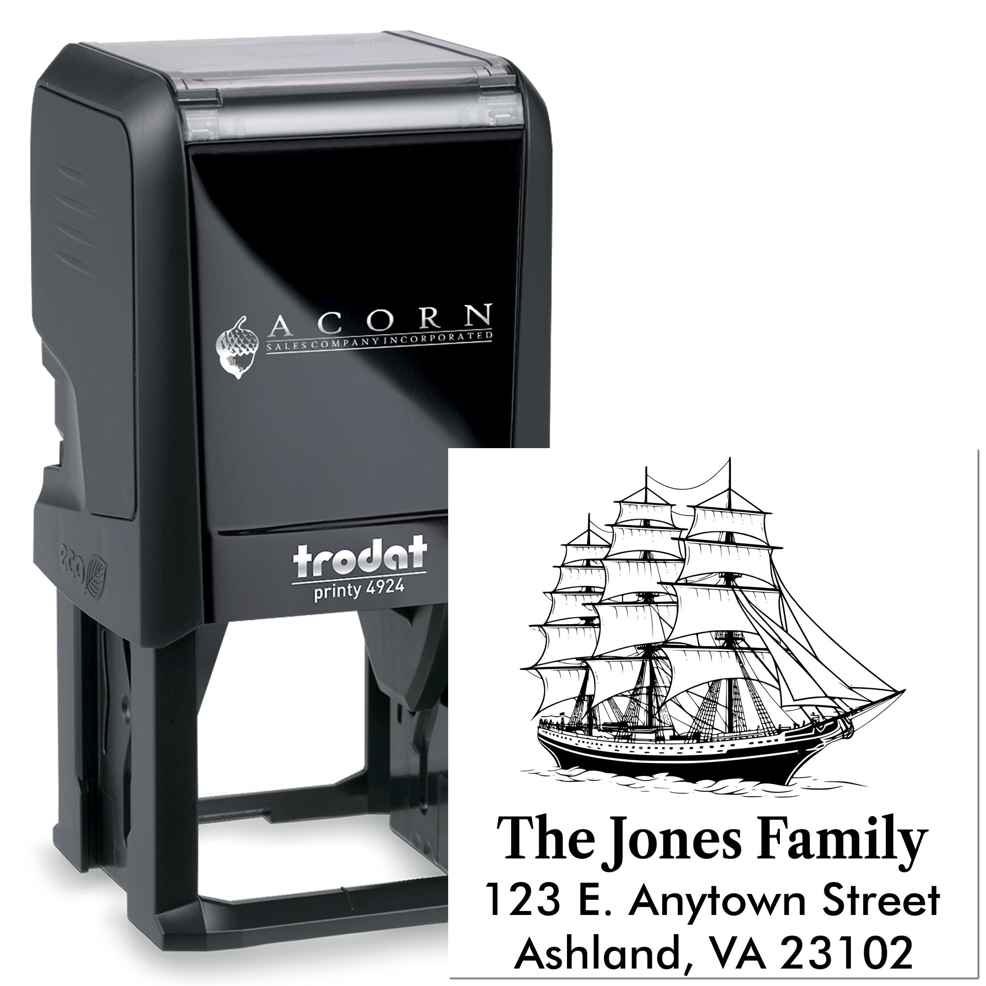 Custom self-inking rubber stamp with ship graphic and family address, Trodat Printy 4924 for personalized mailing