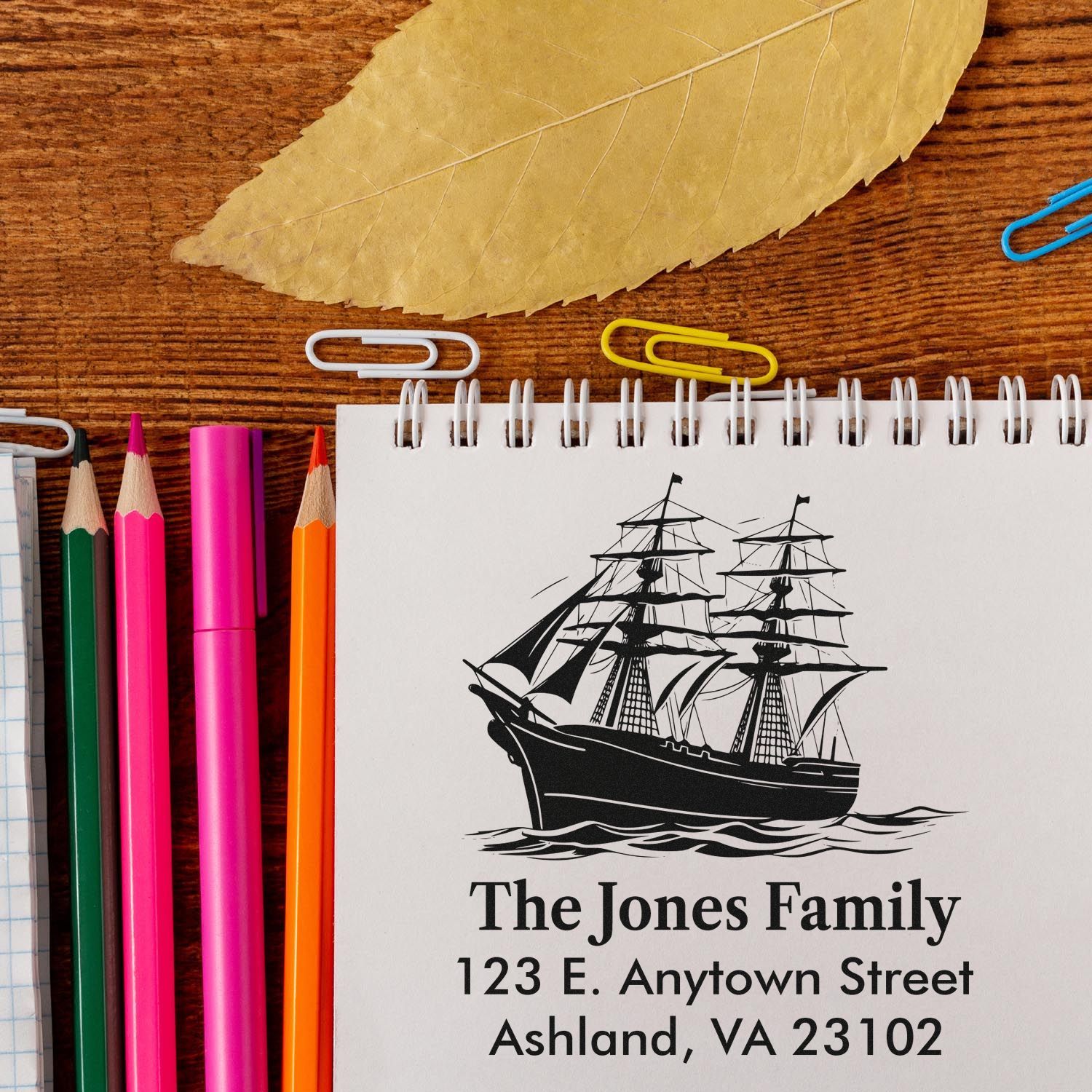 Custom rubber stamp with nautical ship design for return address use, featuring The Jones Family, Ashland, VA.