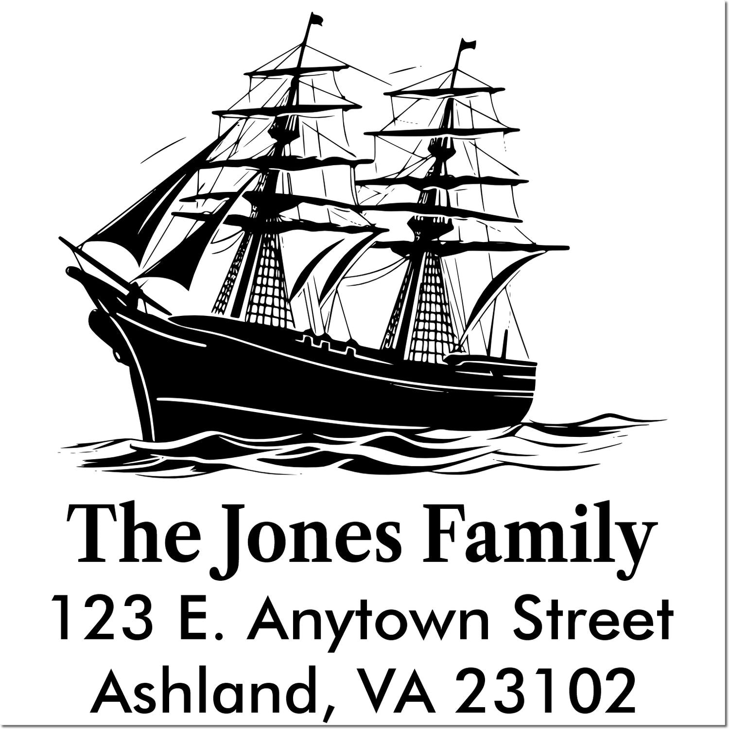 Custom return address rubber stamp with tall sailing ship illustration for The Jones Family, Ashland, VA 23102