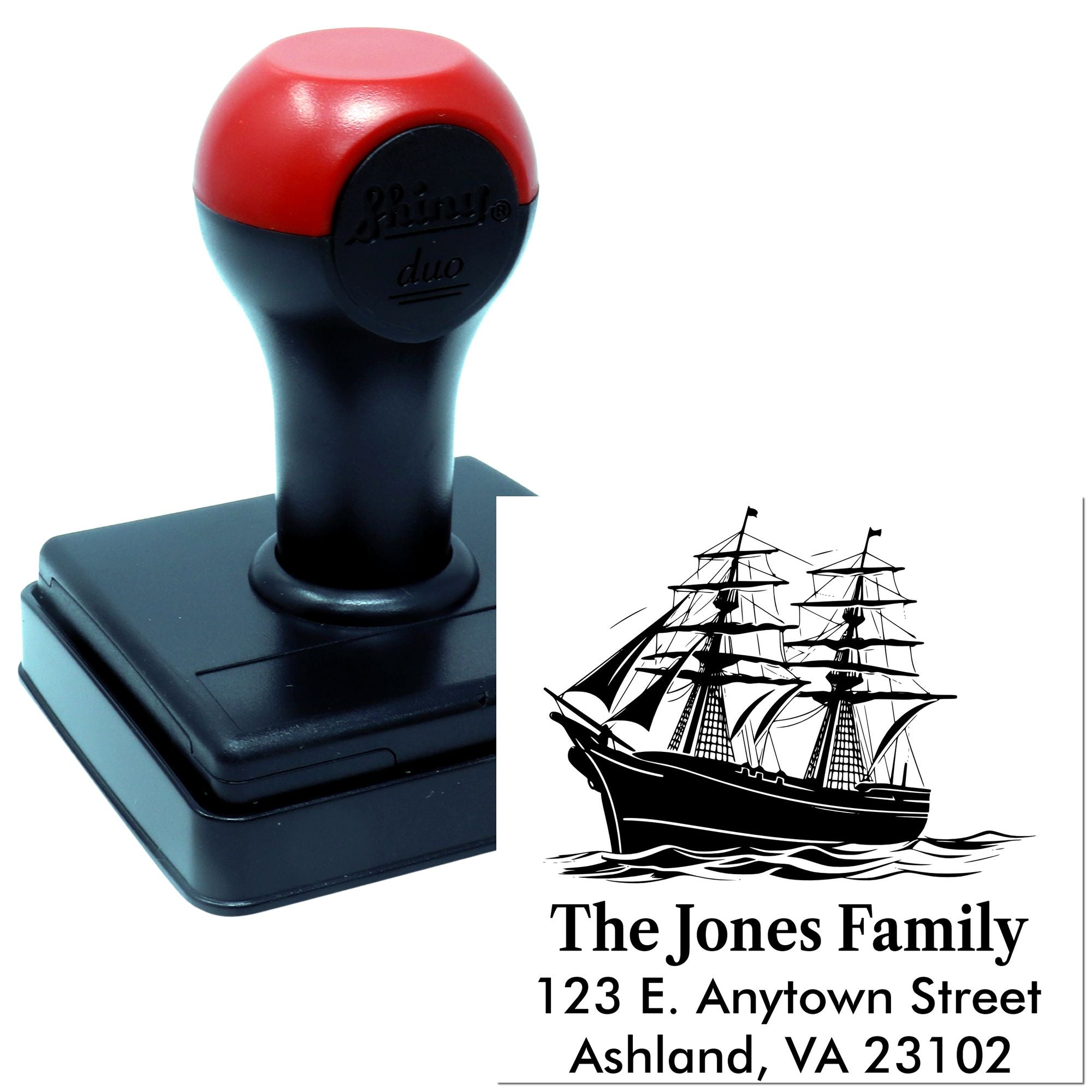 Custom self-inking rubber stamp with ship design and personalized family return address for mailing use