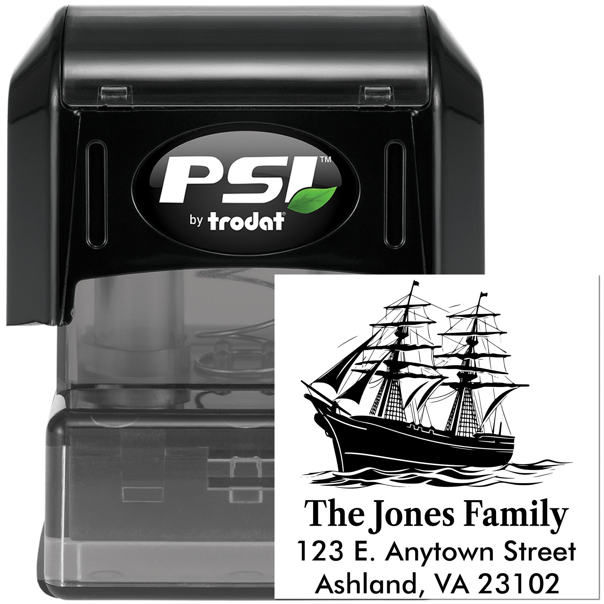 Custom self-inking rubber stamp with ship design and return address, PSI by Trodat for personalized mailing